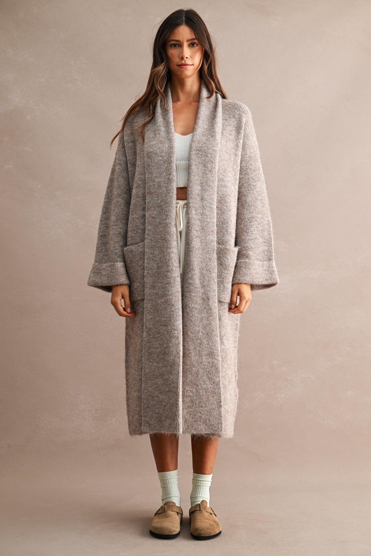 Longline Cardigan: Lt. Mocha