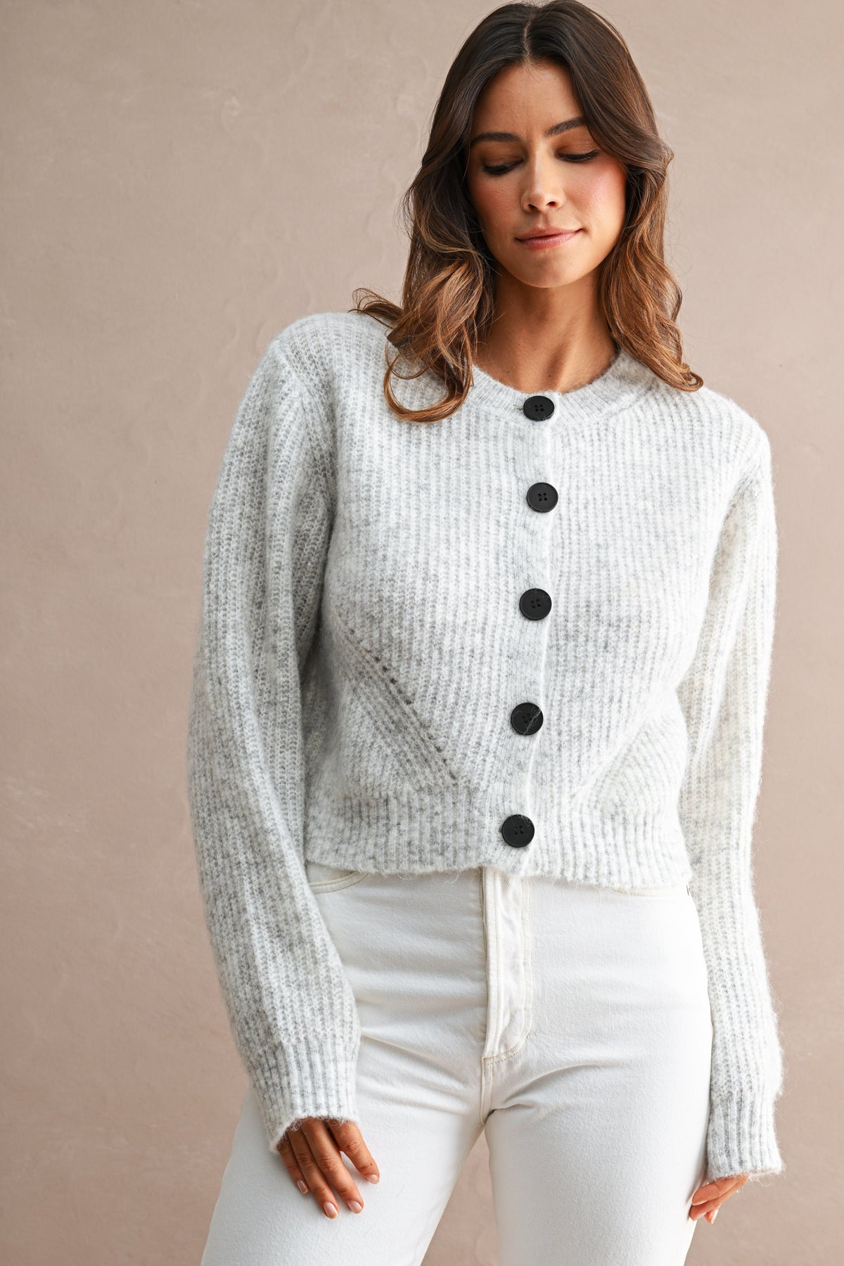 Button Contrast Cardigan: Lt. H. Grey