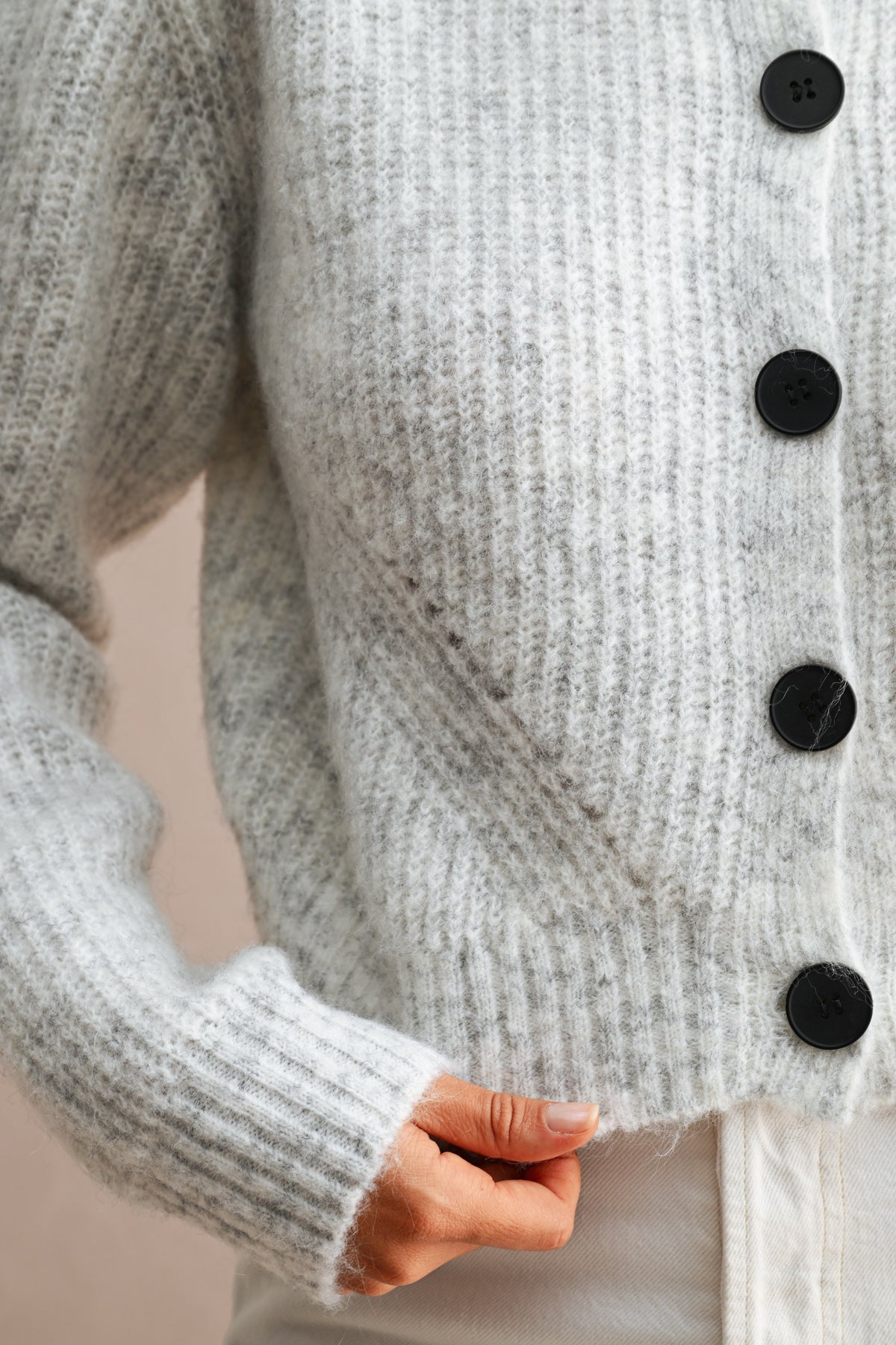 Button Contrast Cardigan: Lt. H. Grey
