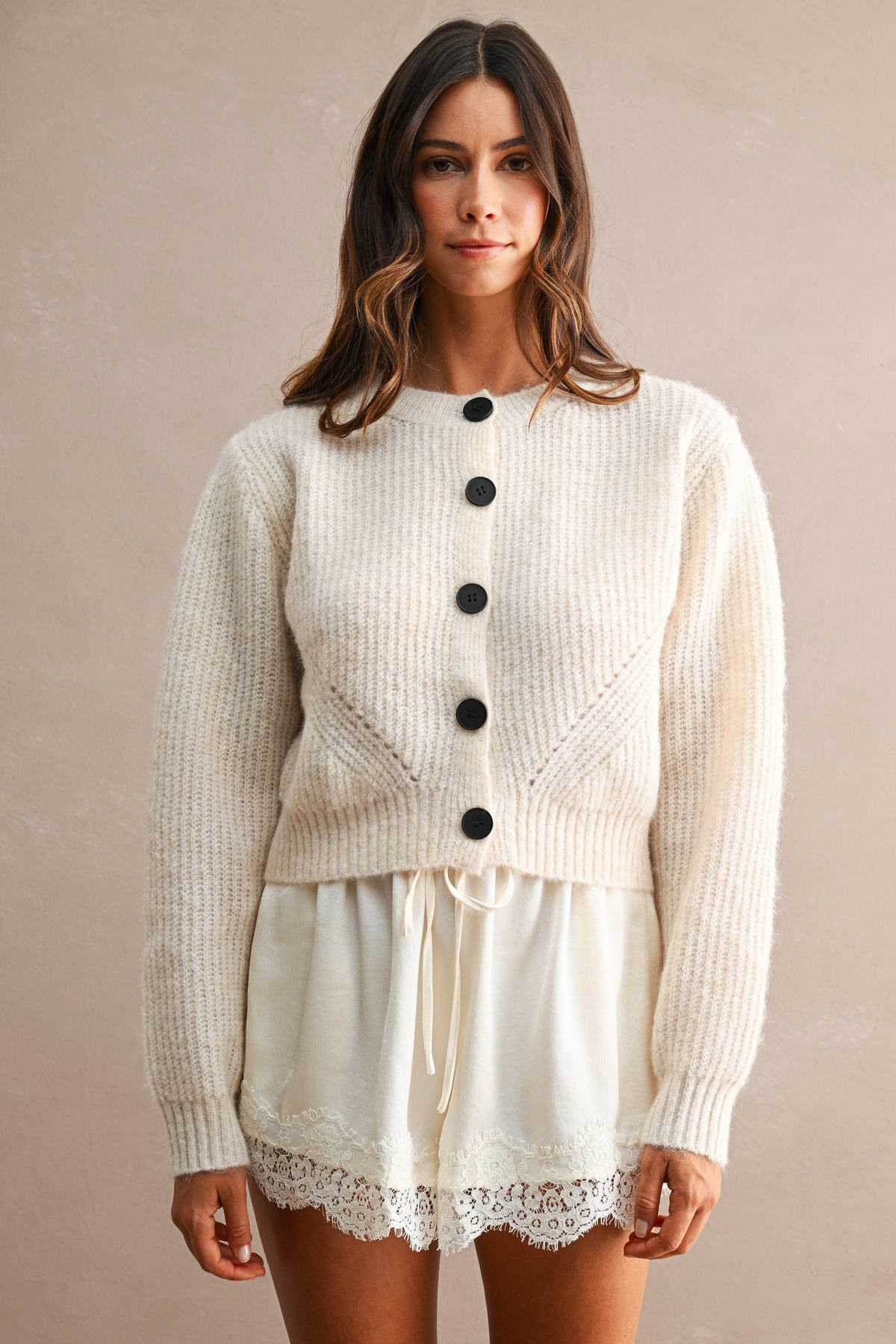 Button Contrast Cardigan: Cream