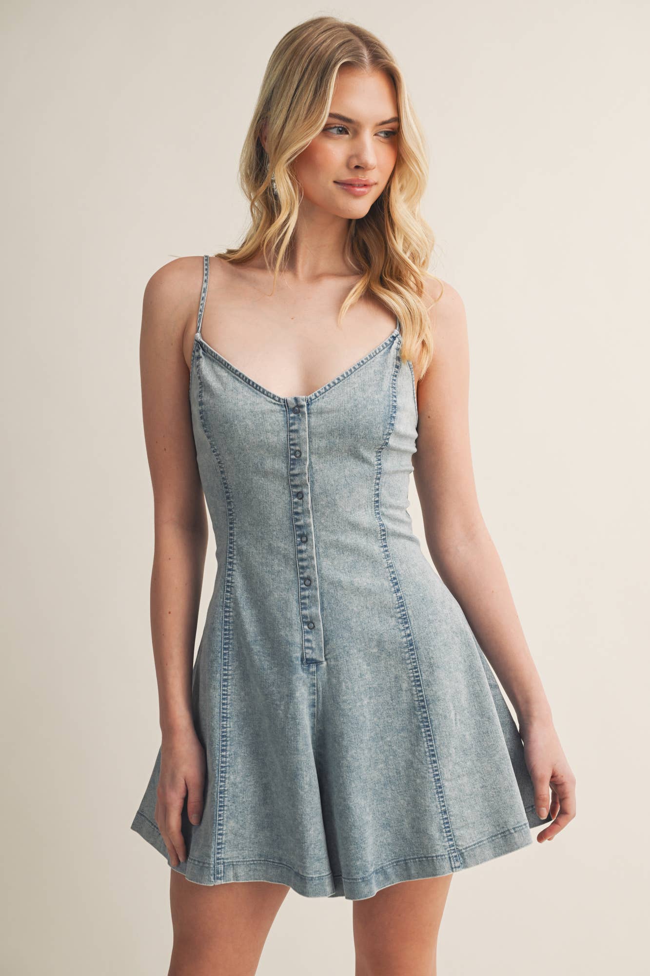 Button Flare Romper: Washed Denim