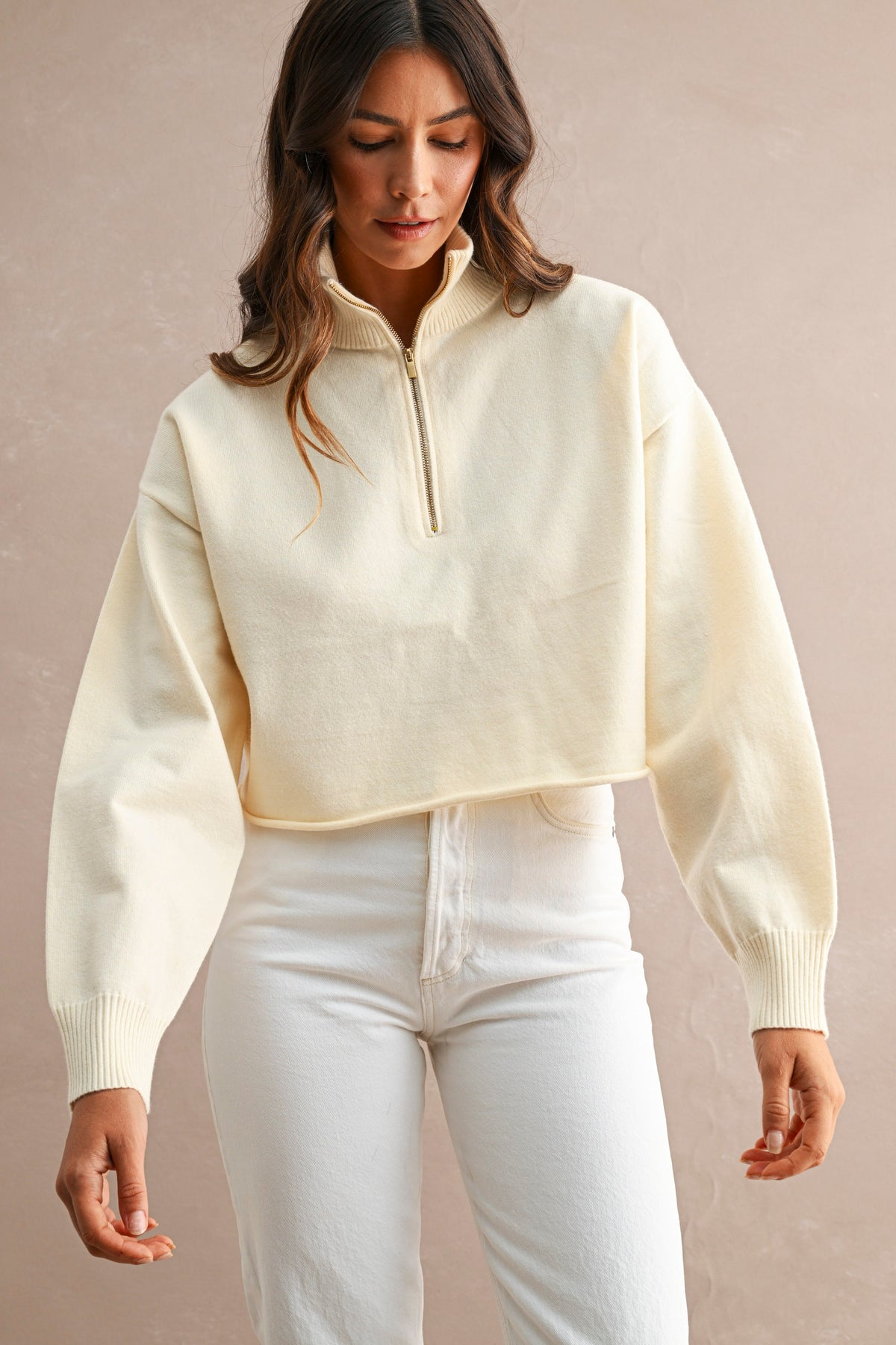 Half-Zip Cropped Sweater: Cream