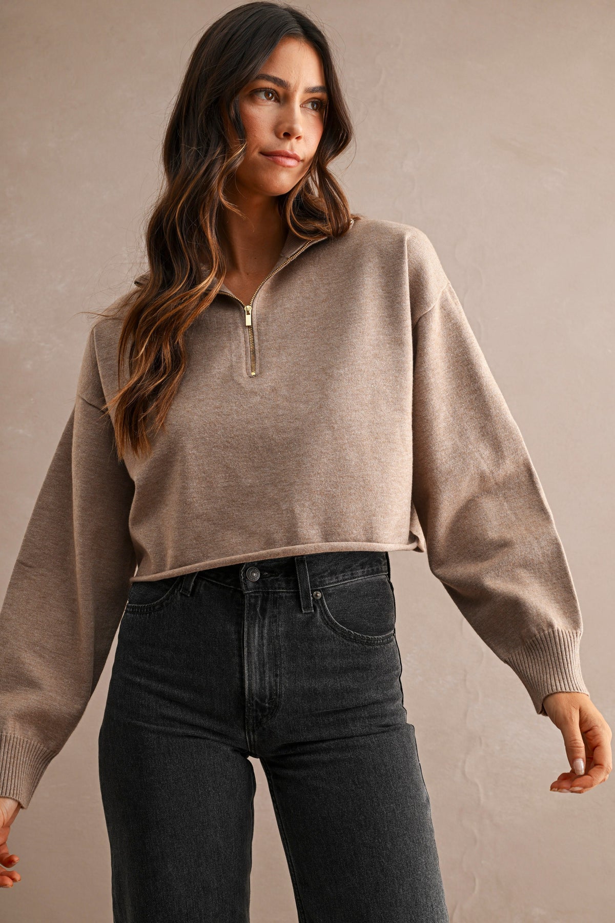 Half-Zip Cropped Sweater: Lt. Mocha