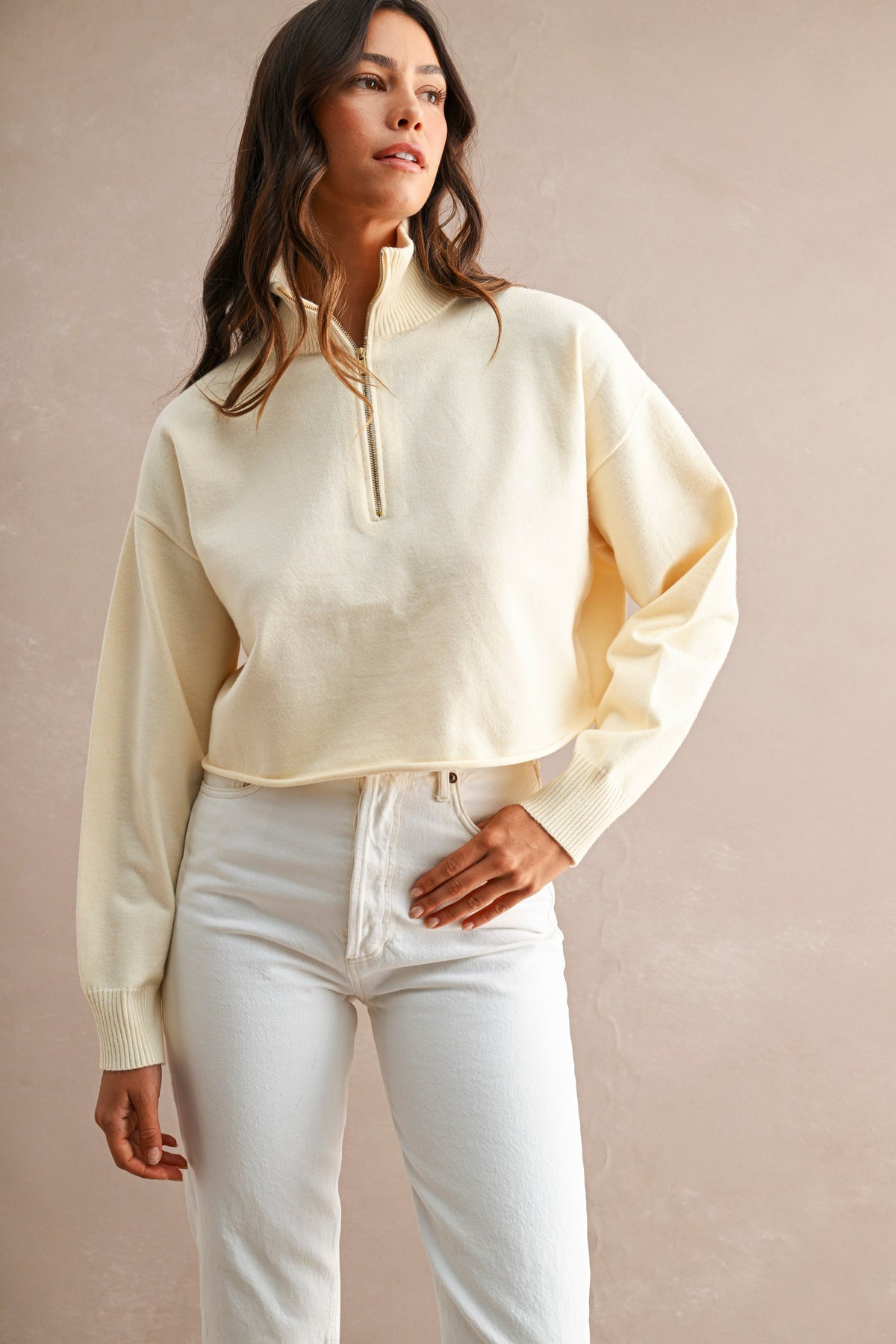 Half-Zip Cropped Sweater: Cream