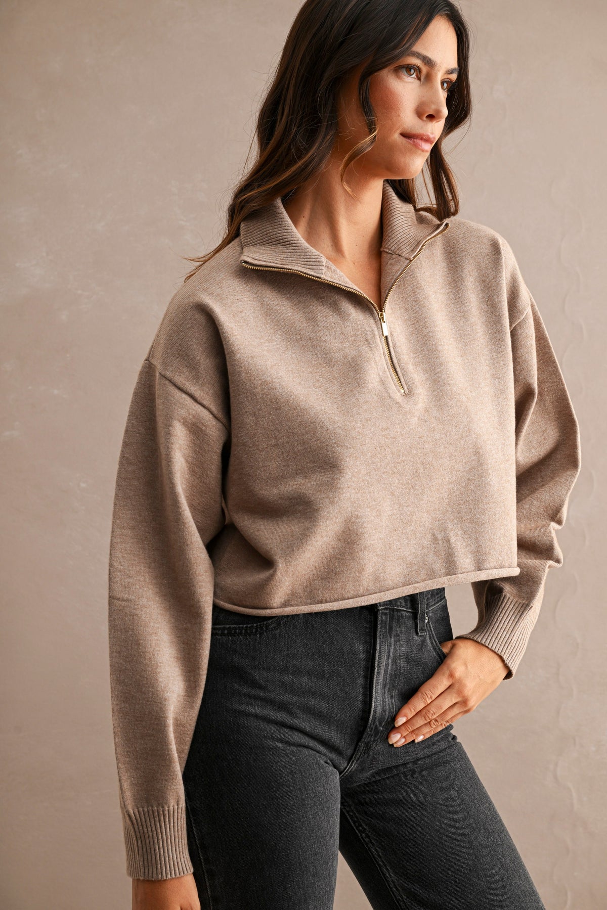 Half-Zip Cropped Sweater: Lt. Mocha