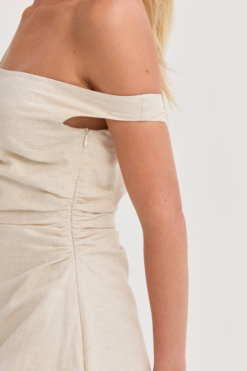 Off Shoulder Ruched Mini Dress: Oat
