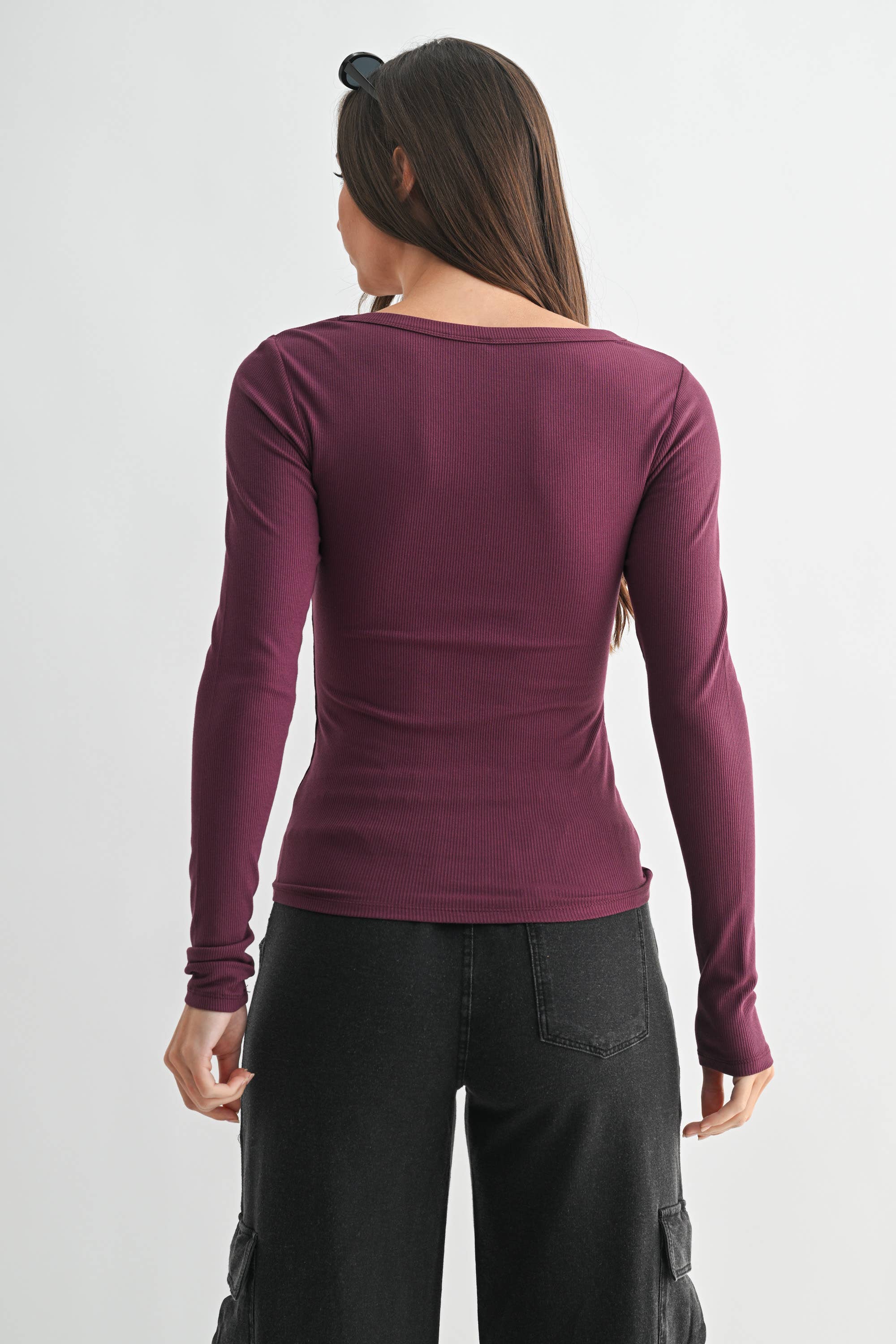 Scoop Neck Ribbed Top: Plum