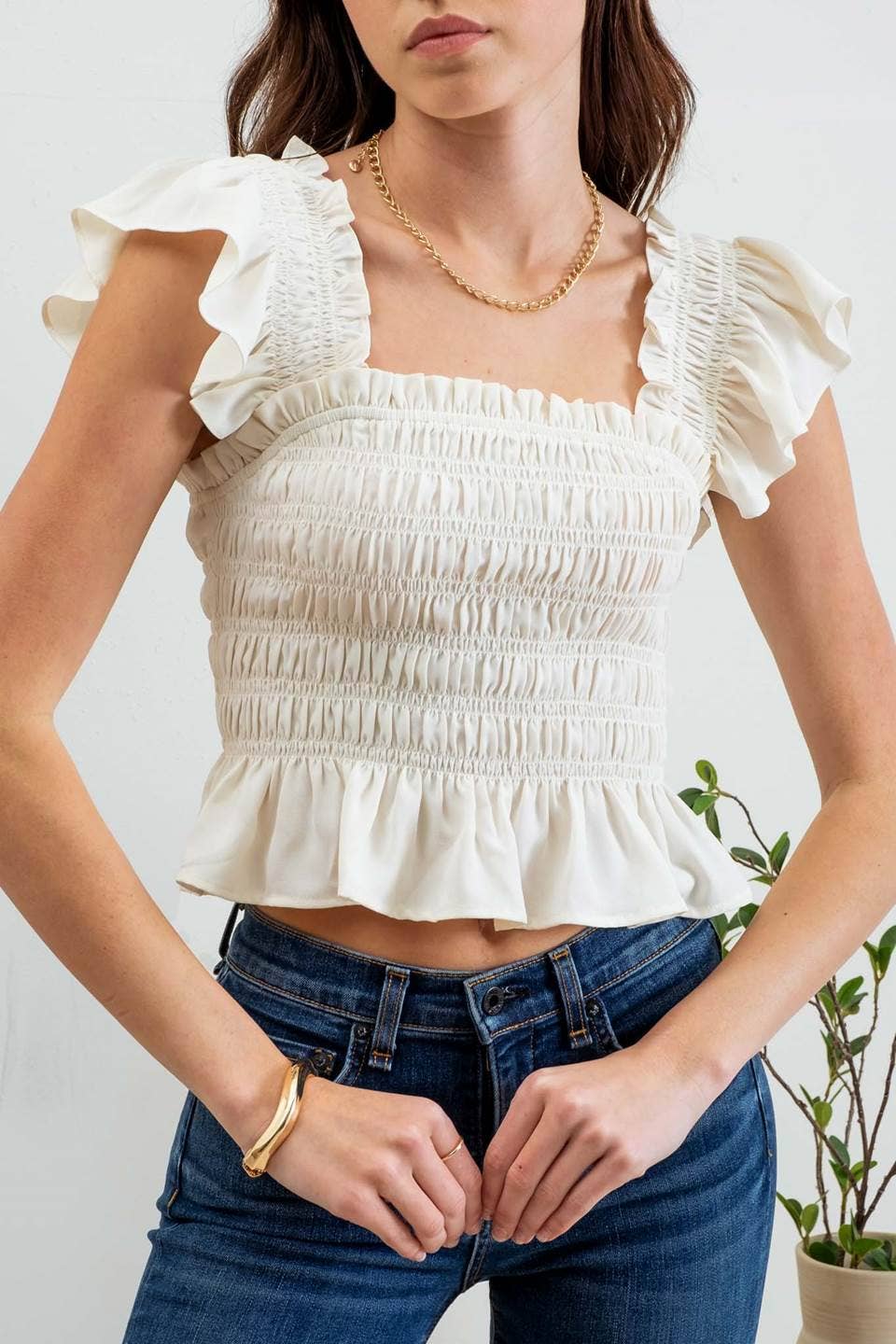 SMOCKED RUFFLE TOP: IVORY