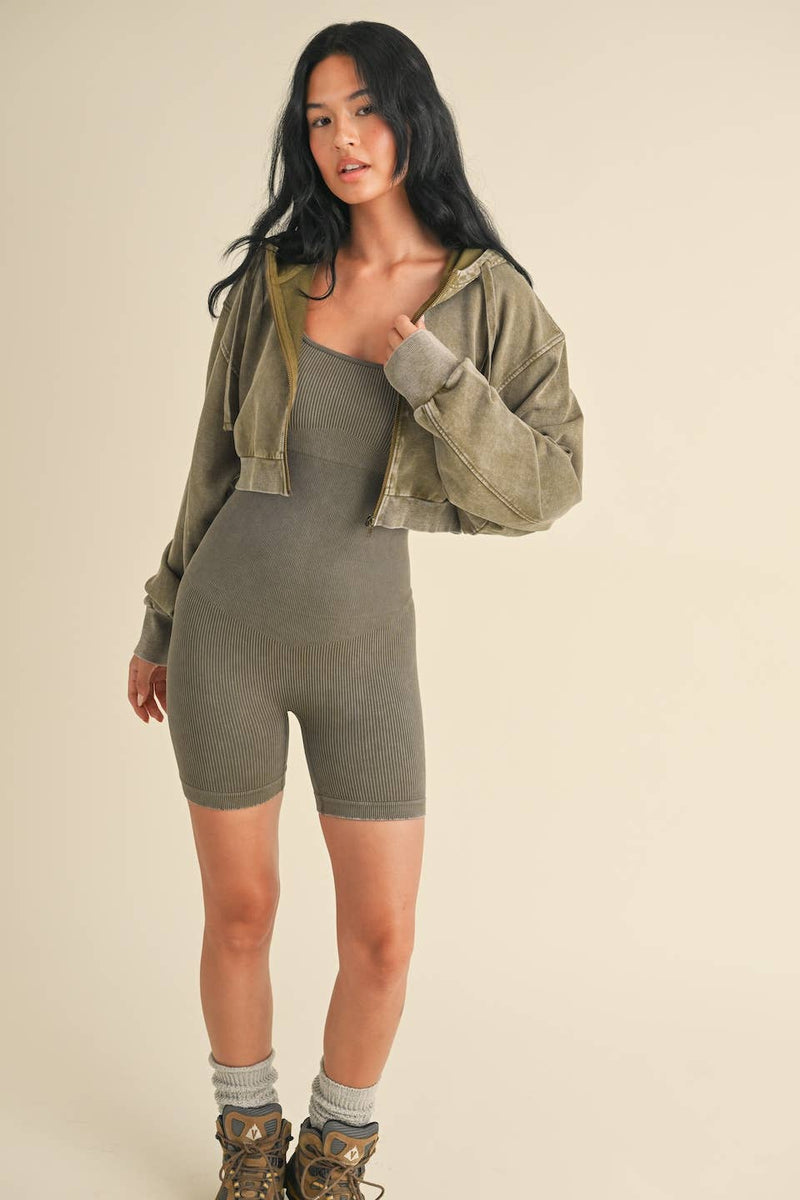 Mineral Wash Crop Hoodie Olive