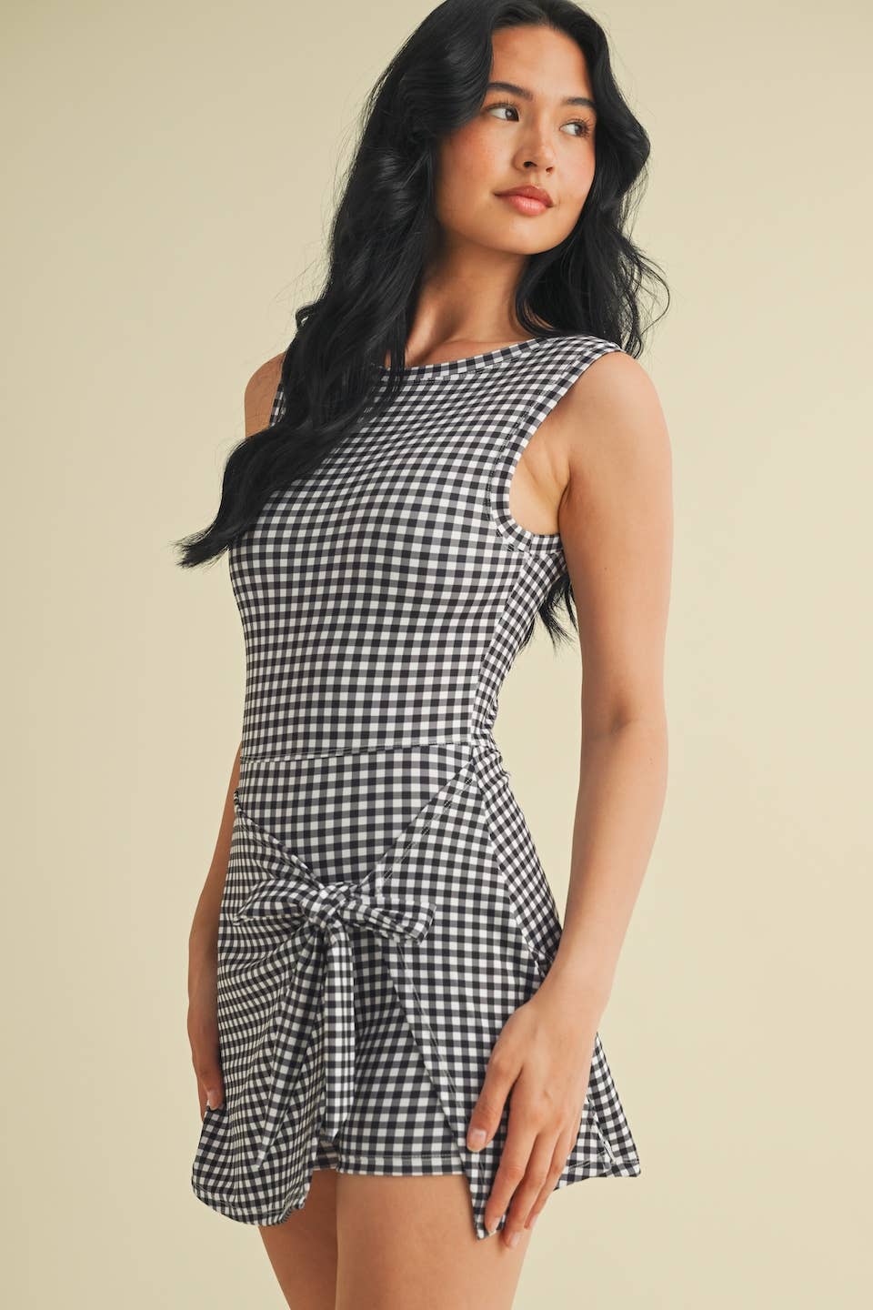 Gingham Tie Front Dress : Black