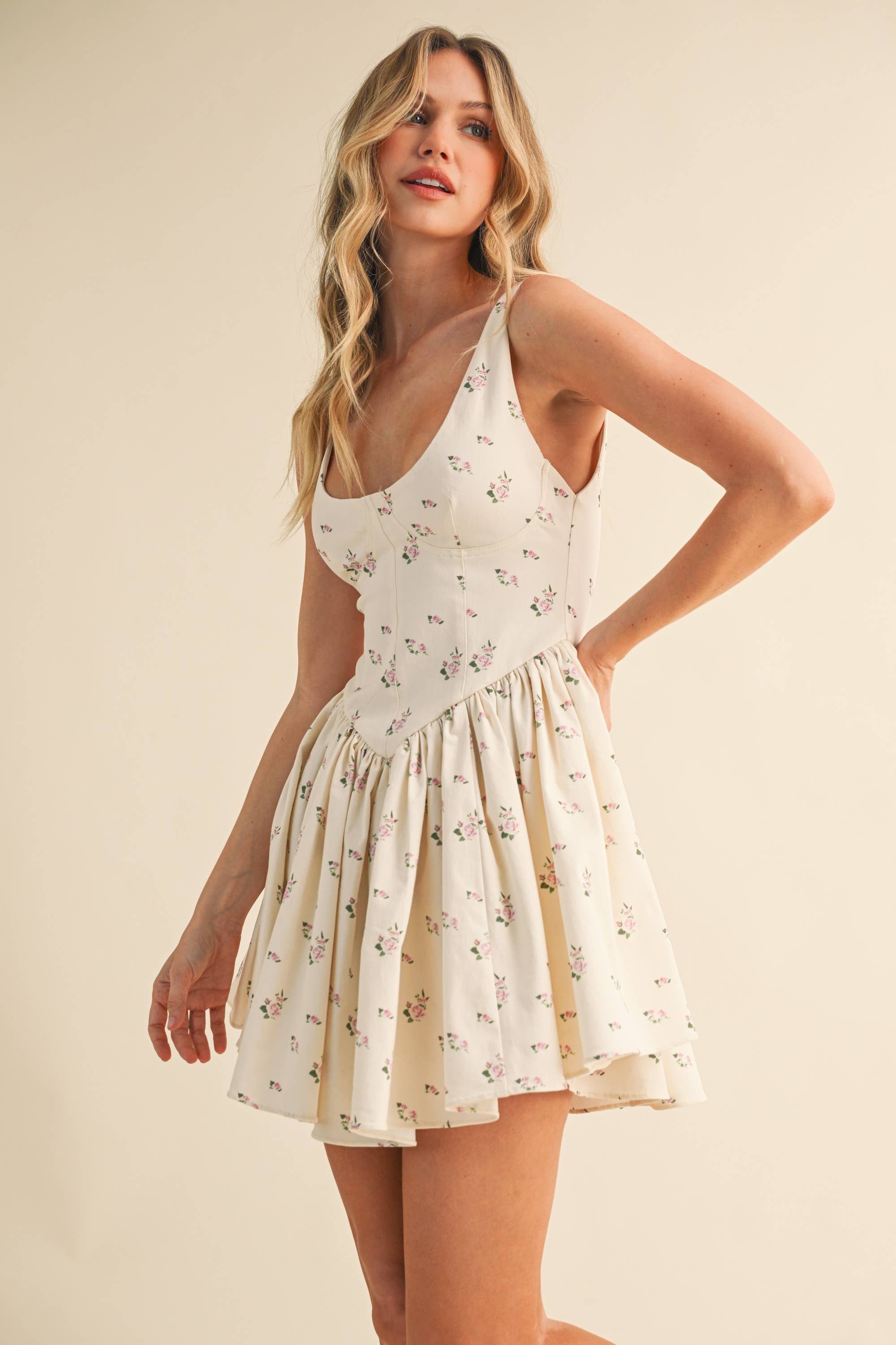 Bustier Flare Mini Dress: Cream
