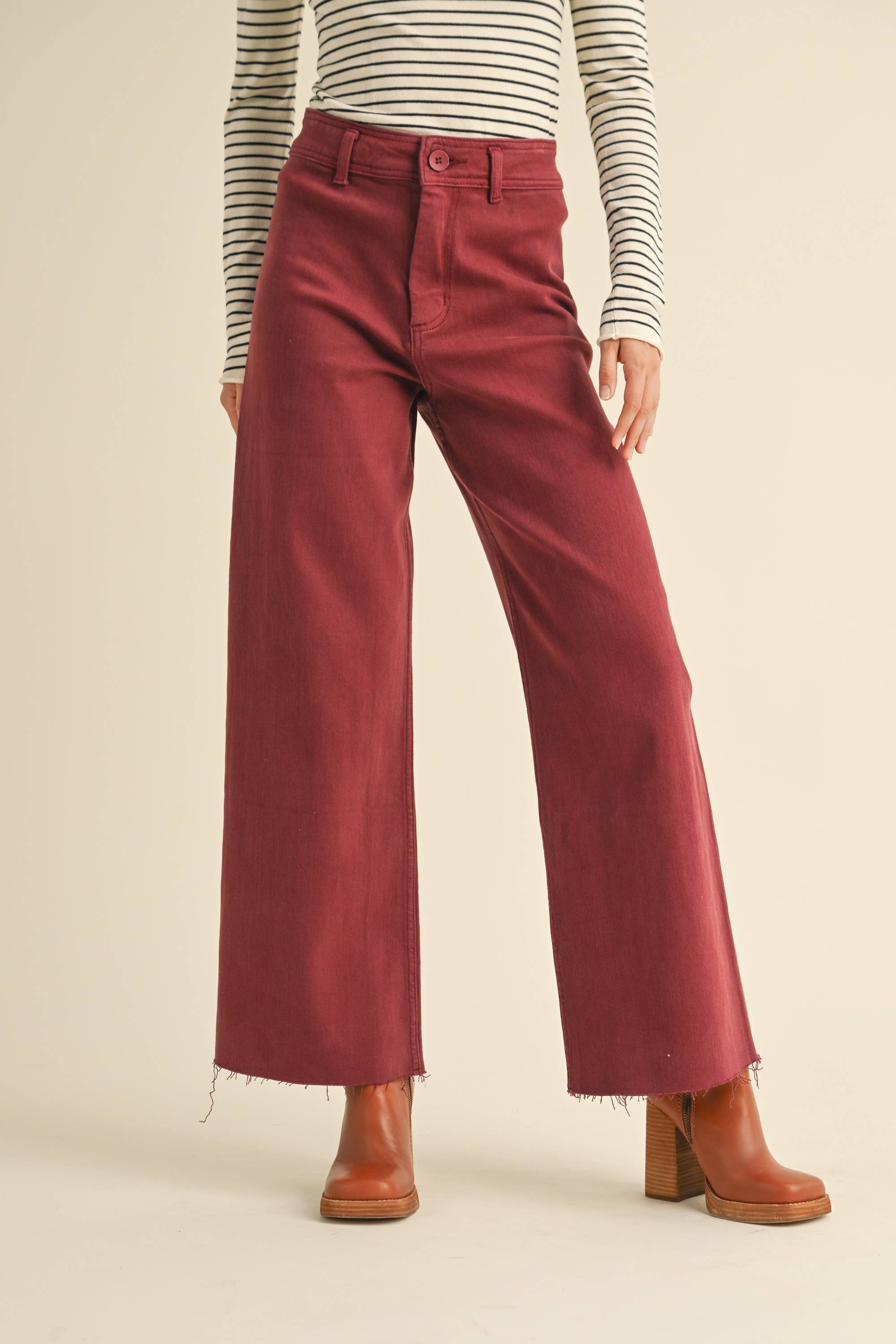 Wide Leg Denim Pants: Maroon