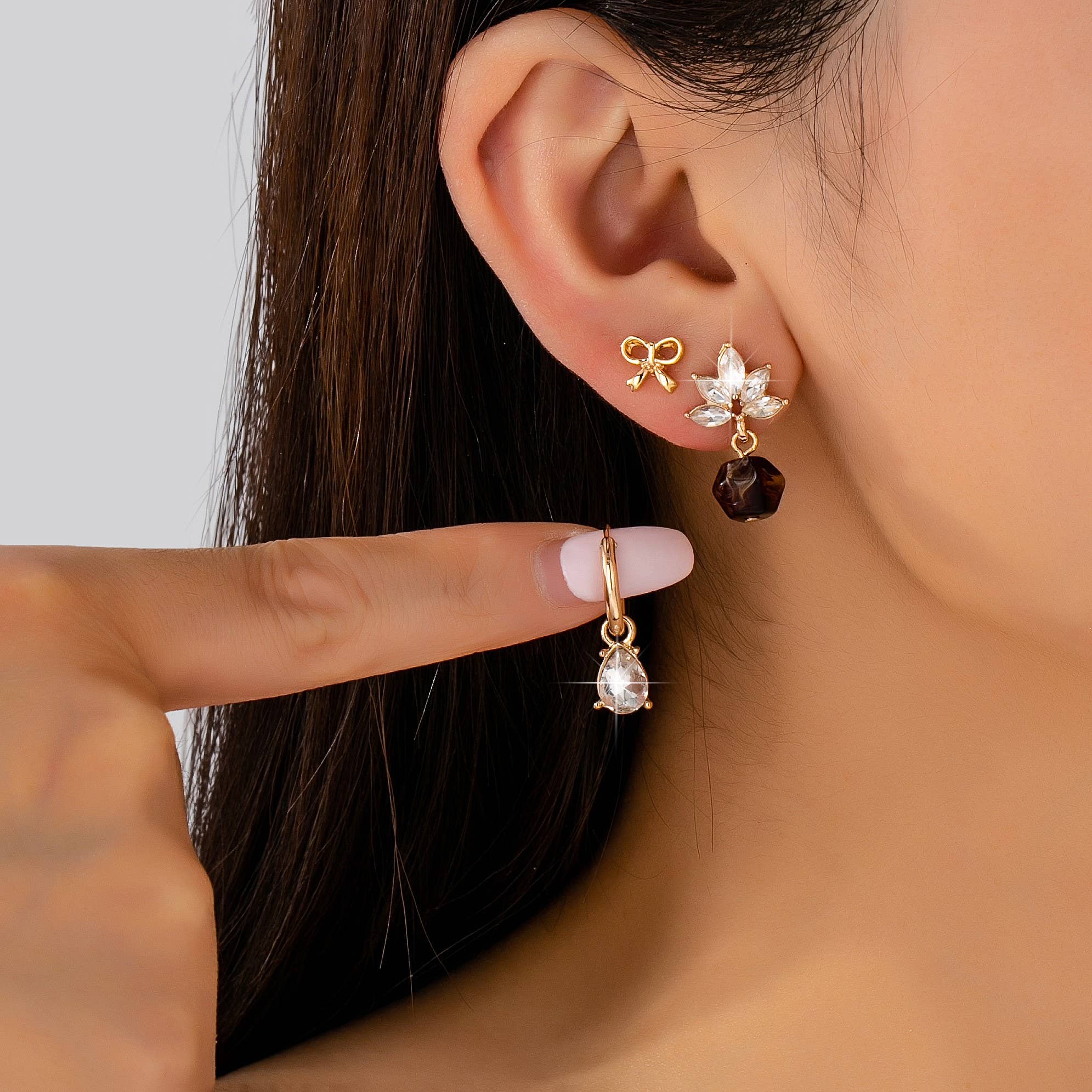 Trio Floral & Drop Earring Set: Gold