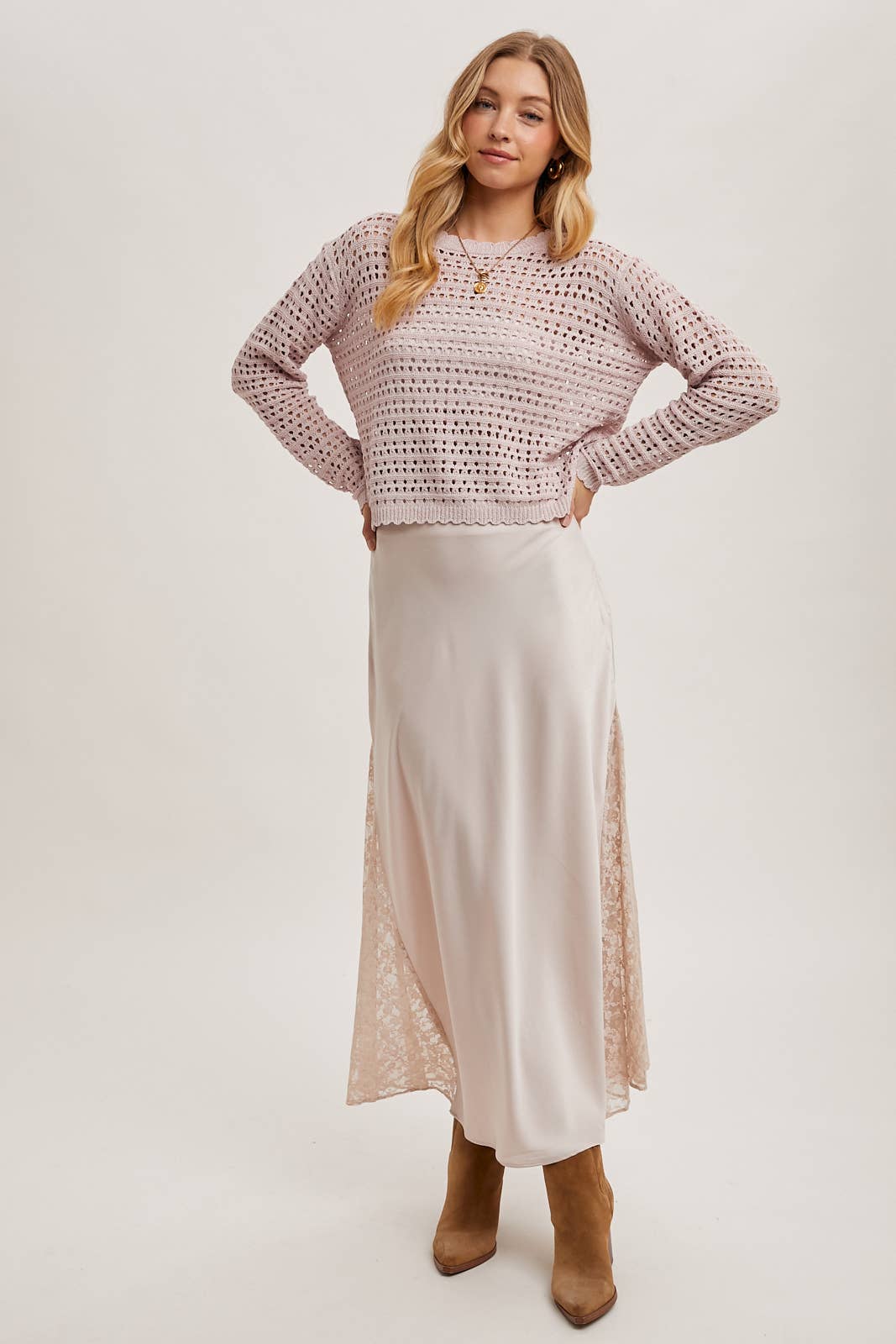 Lace Satin Midi Skirt: Pearl