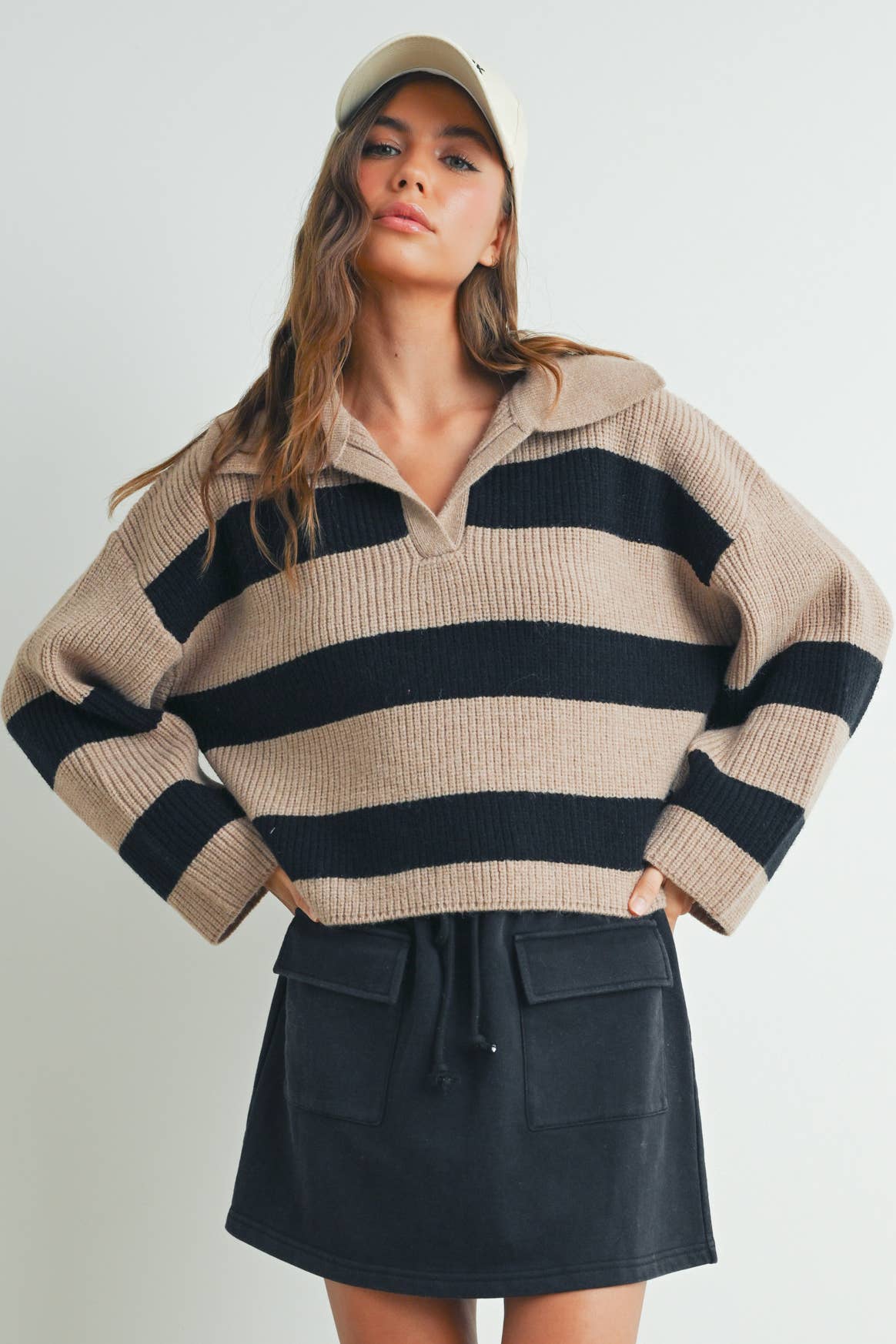 Stripe Wide Collar Sweater - Taupe/Black