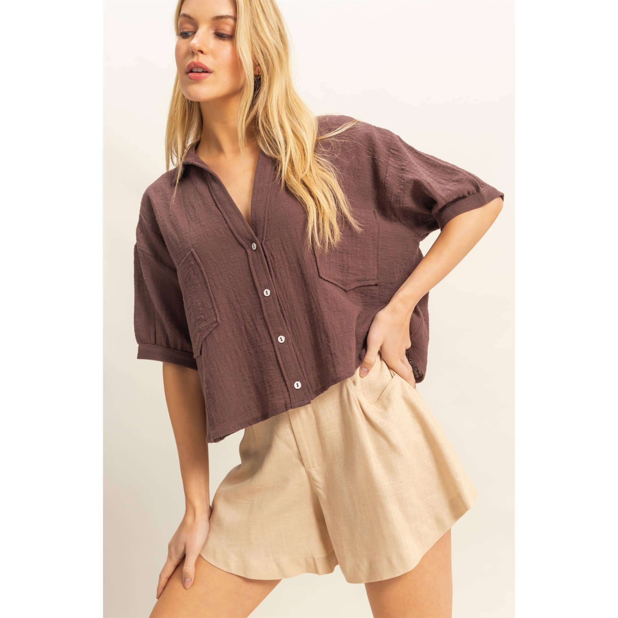 Button-Front Shirt: BROWN