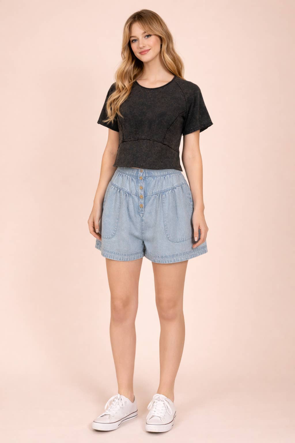 Mineral Washed Casual Top: Black