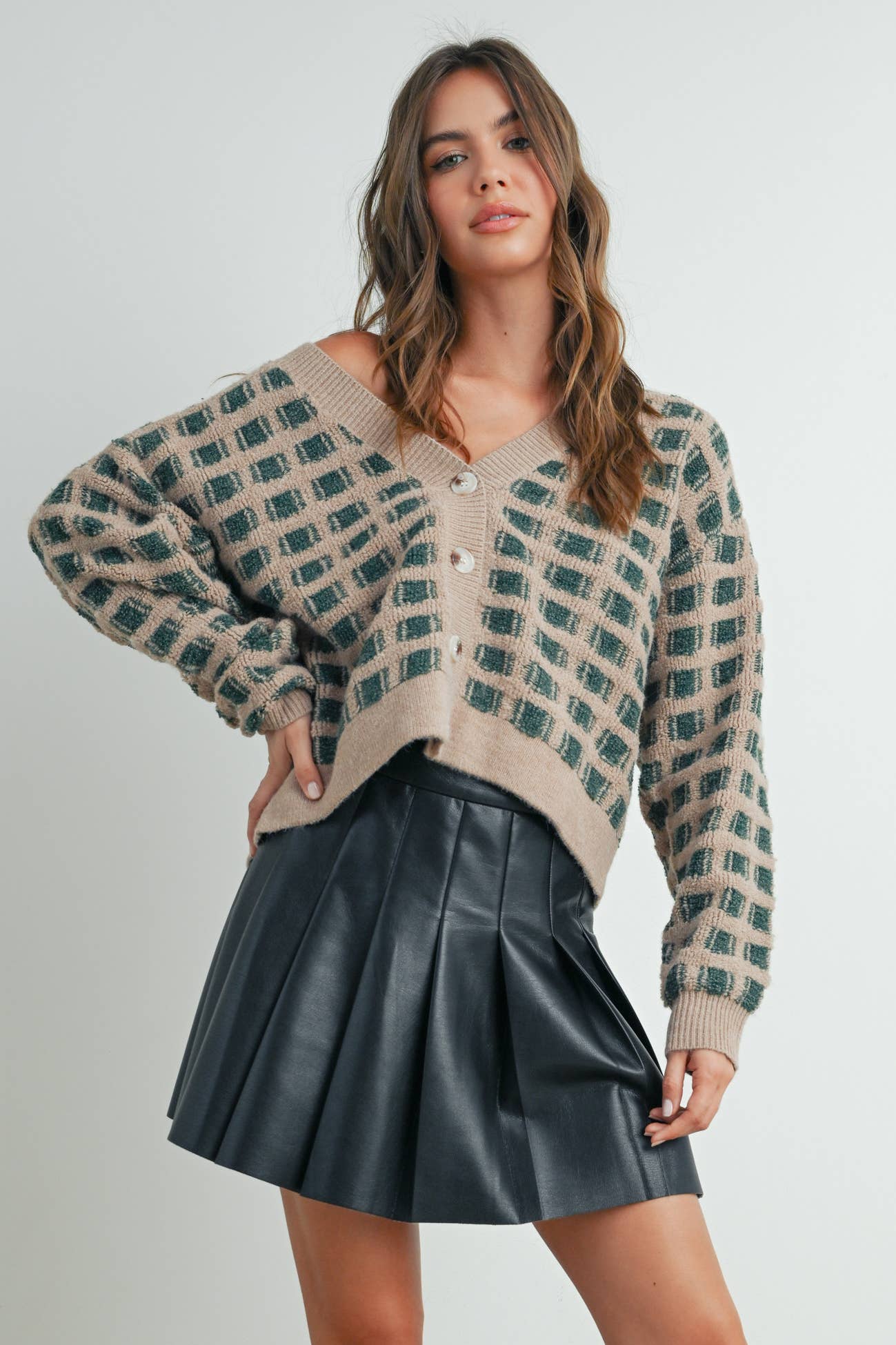 Cropped V-Neck Cardigan: Olive