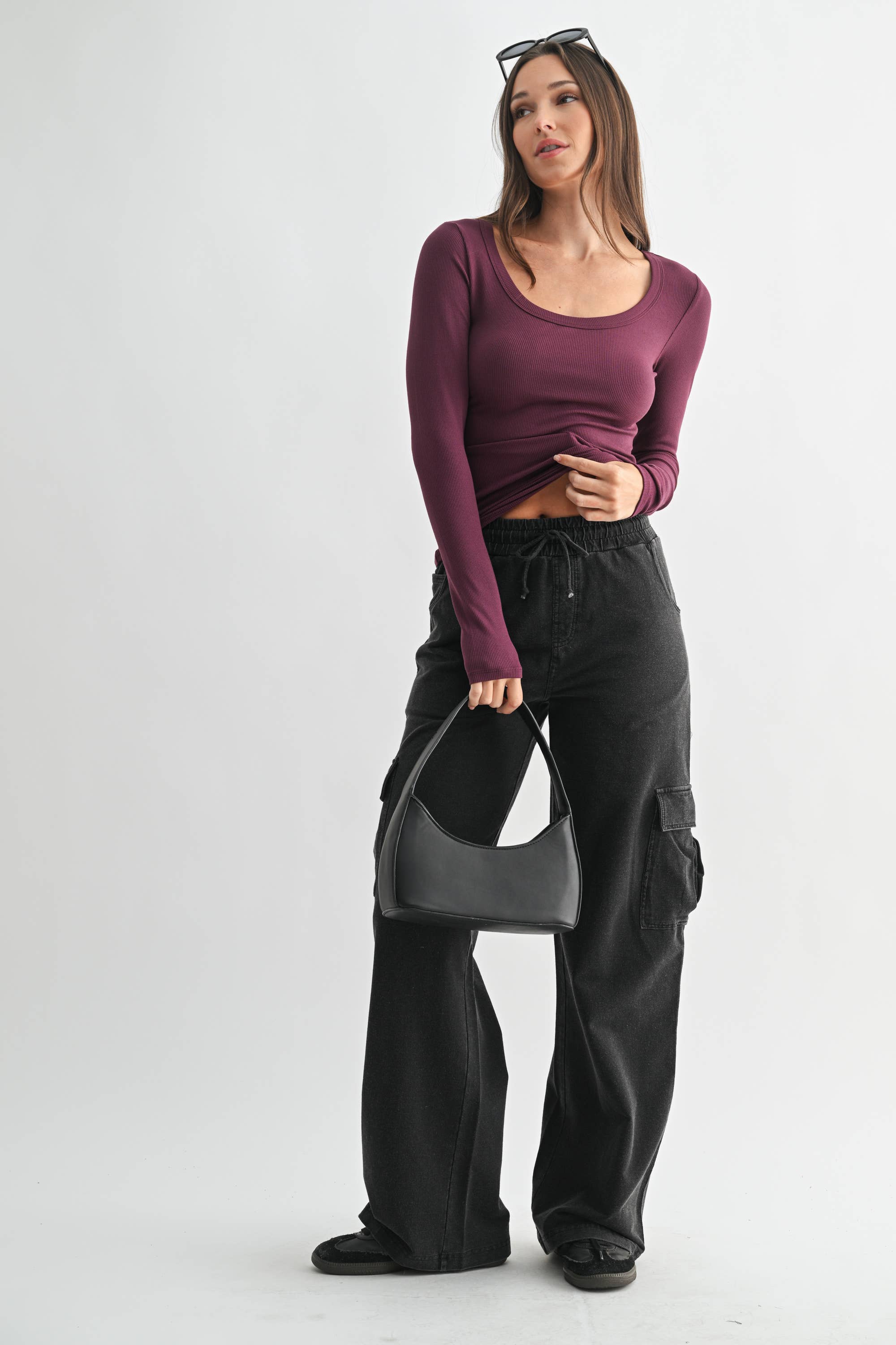 Scoop Neck Ribbed Top: Plum