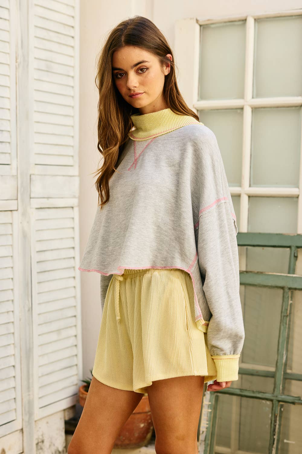 Ribbed Collared Cape Sweatshirt: Yellow