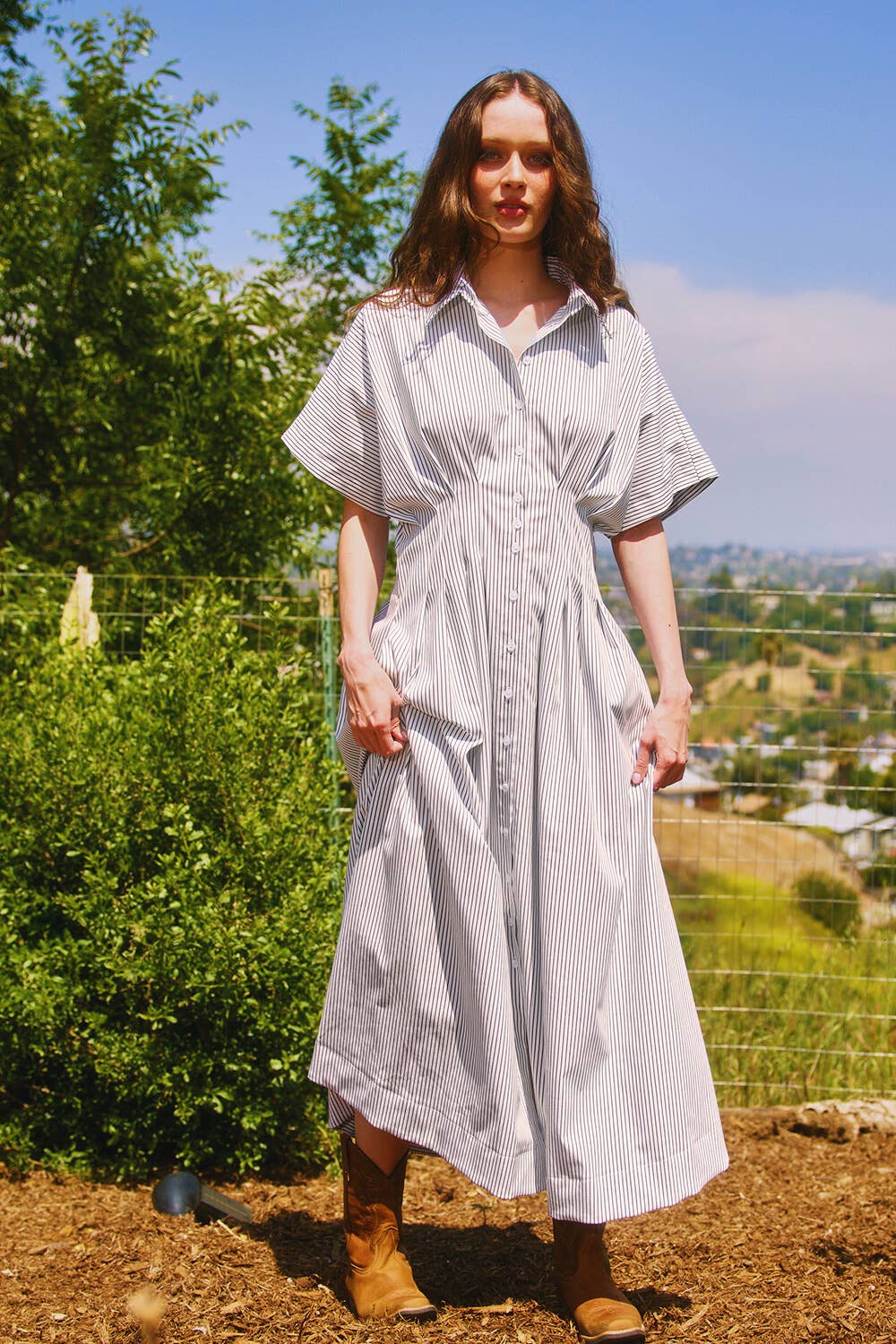 Pin-stripe Midi Dress:Ivory/Black