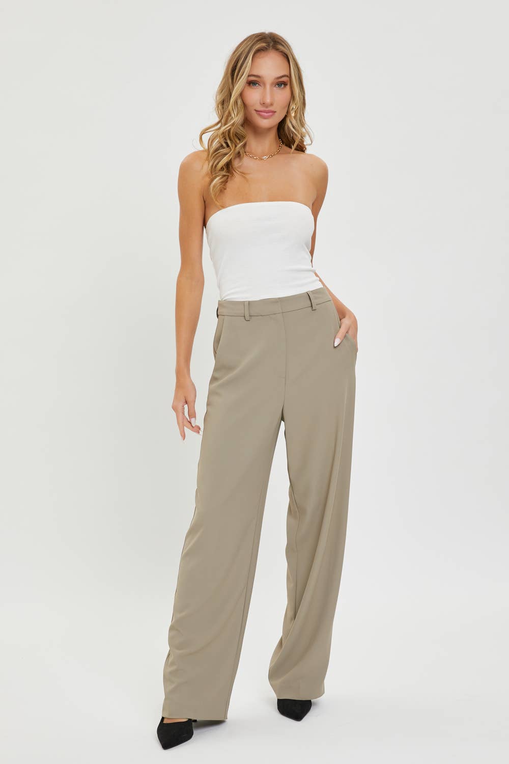 High Rise Trousers:Taupe/Grey