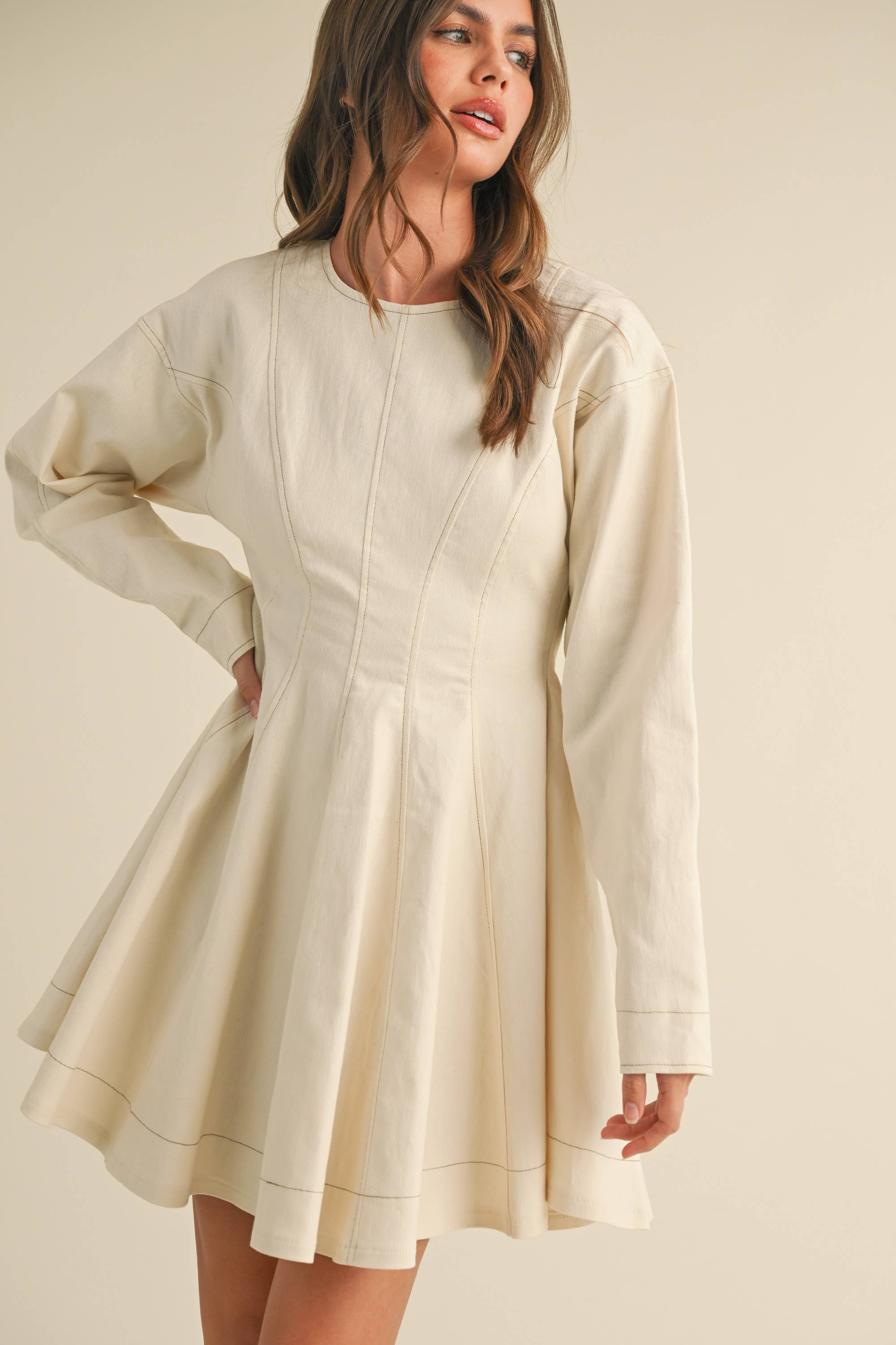 Flared Denim Mini Dress: Cream