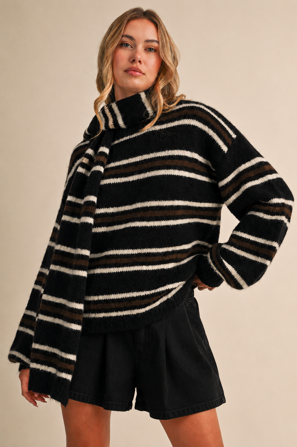 Striped Pullover w/Scarf: Black