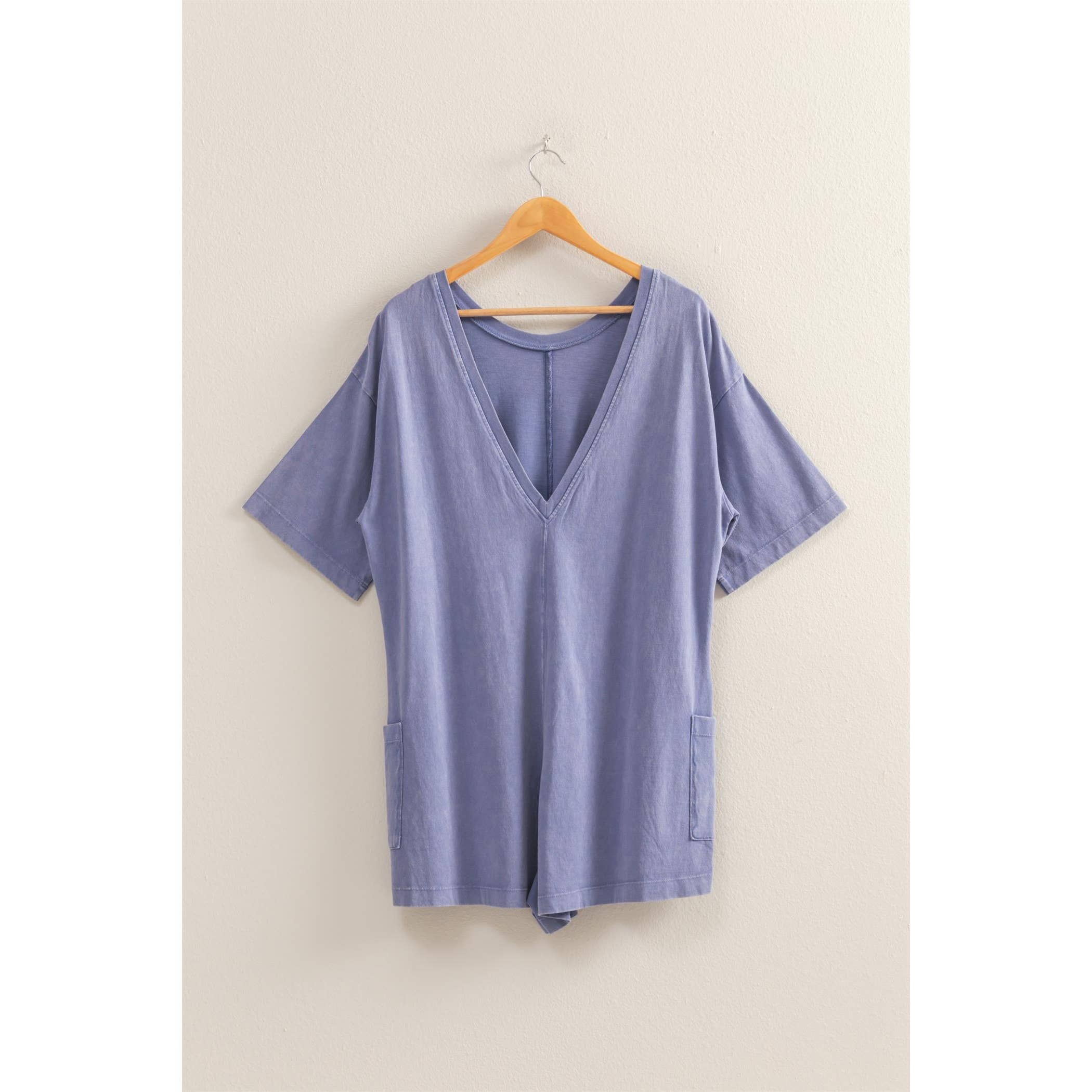 V-Back Romper:DUSTY INDIGO