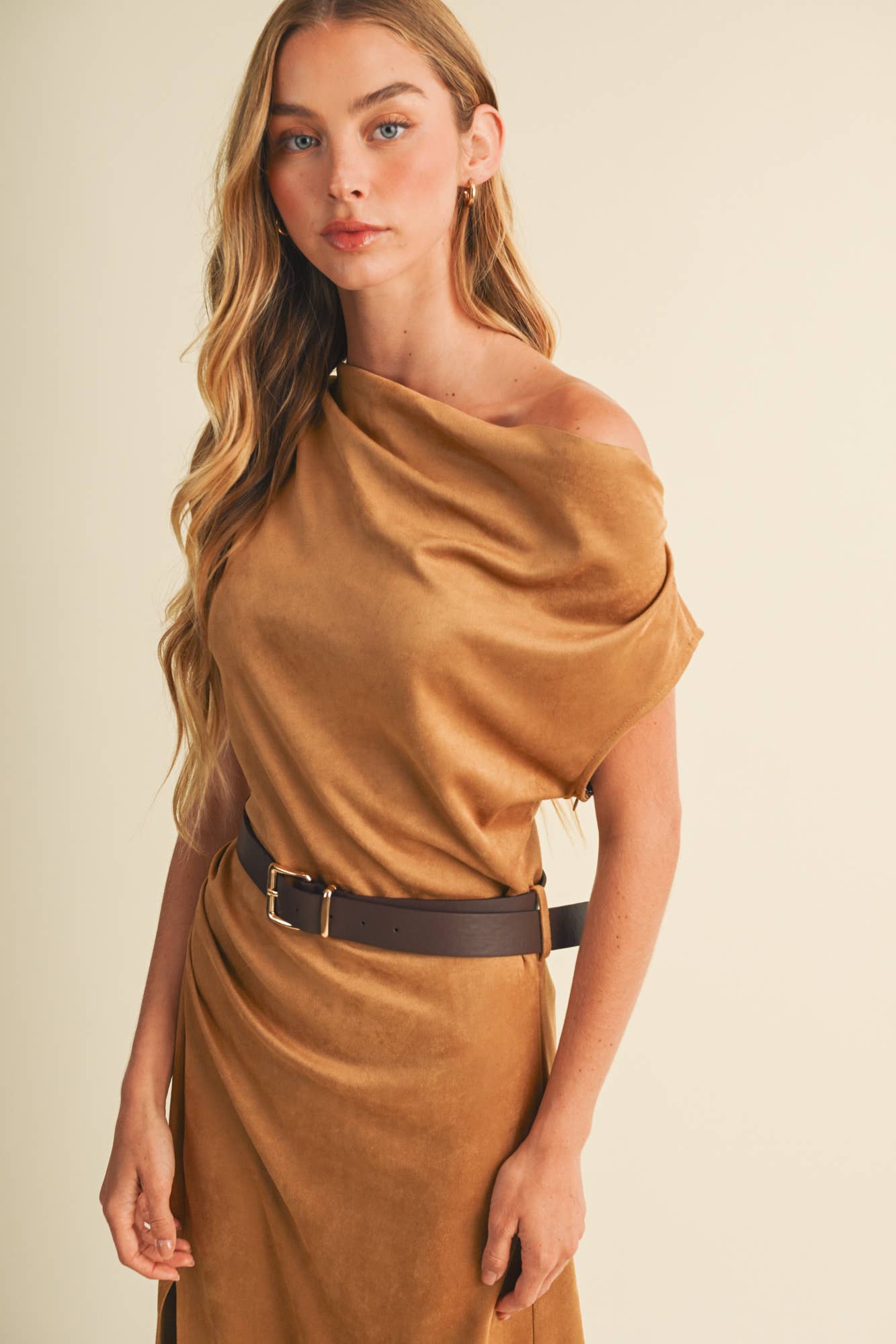 Sueded Asymmetric Dress: Camel
