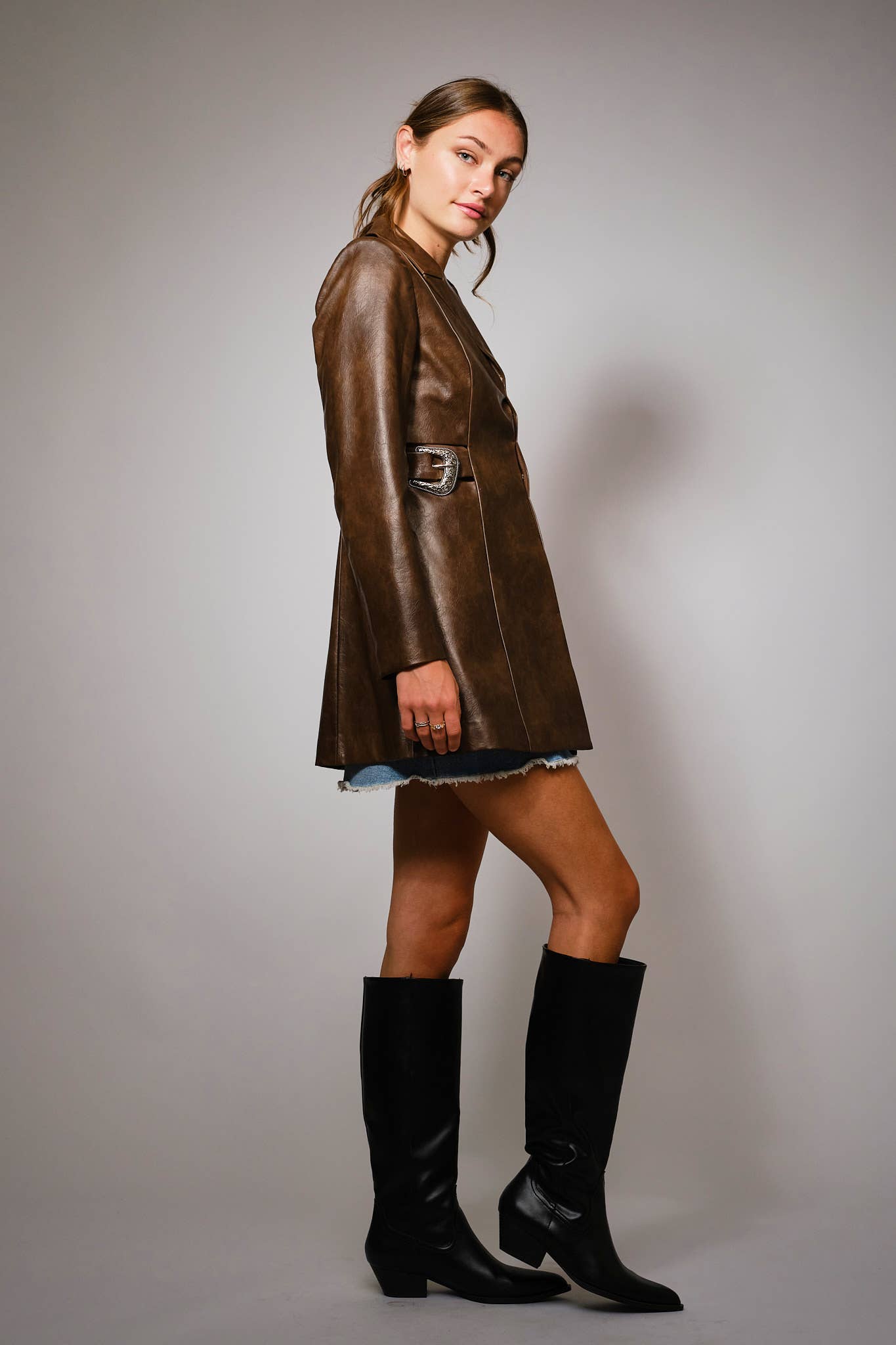 Western Faux Leather Blazer: Dk. Brown