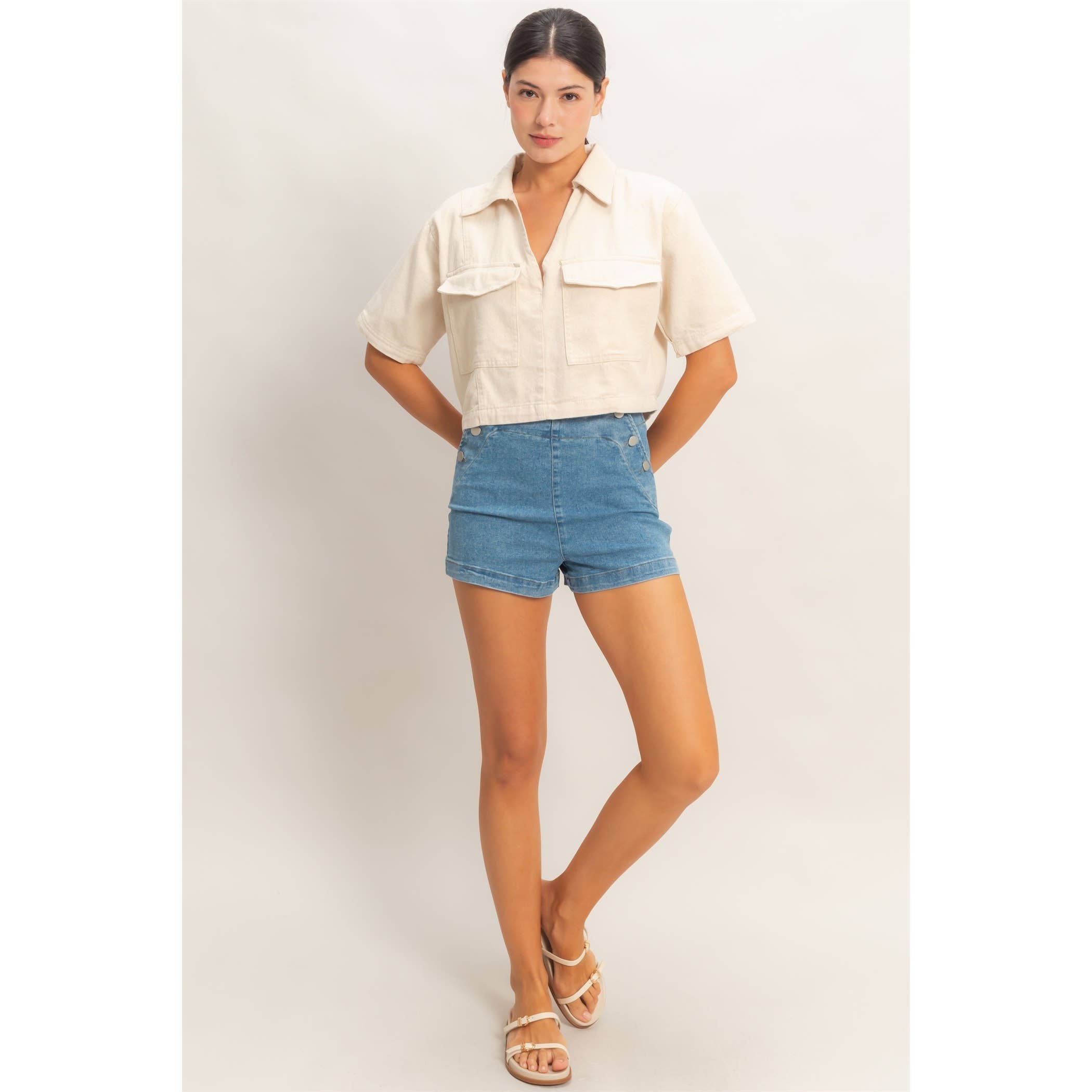 Collared V-Neck Top: Oatmeal