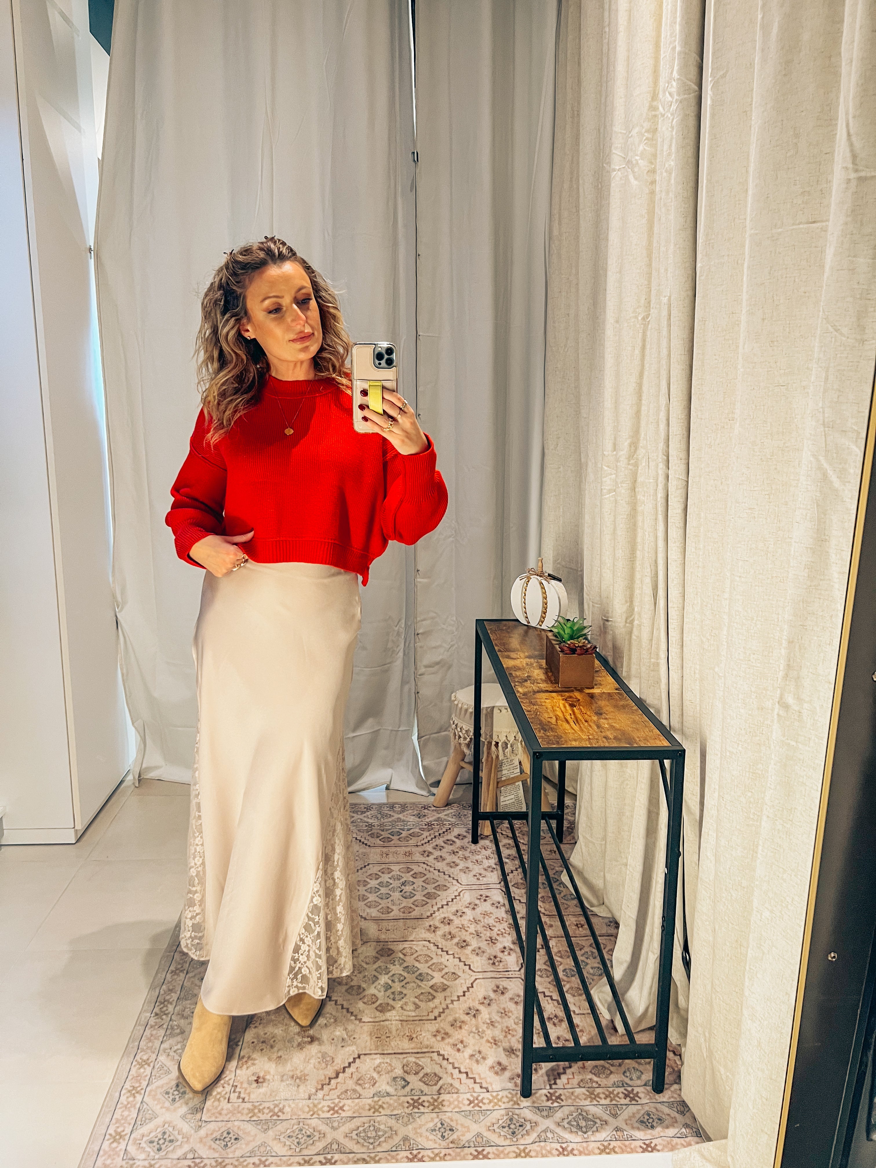 Lace Satin Midi Skirt: Pearl