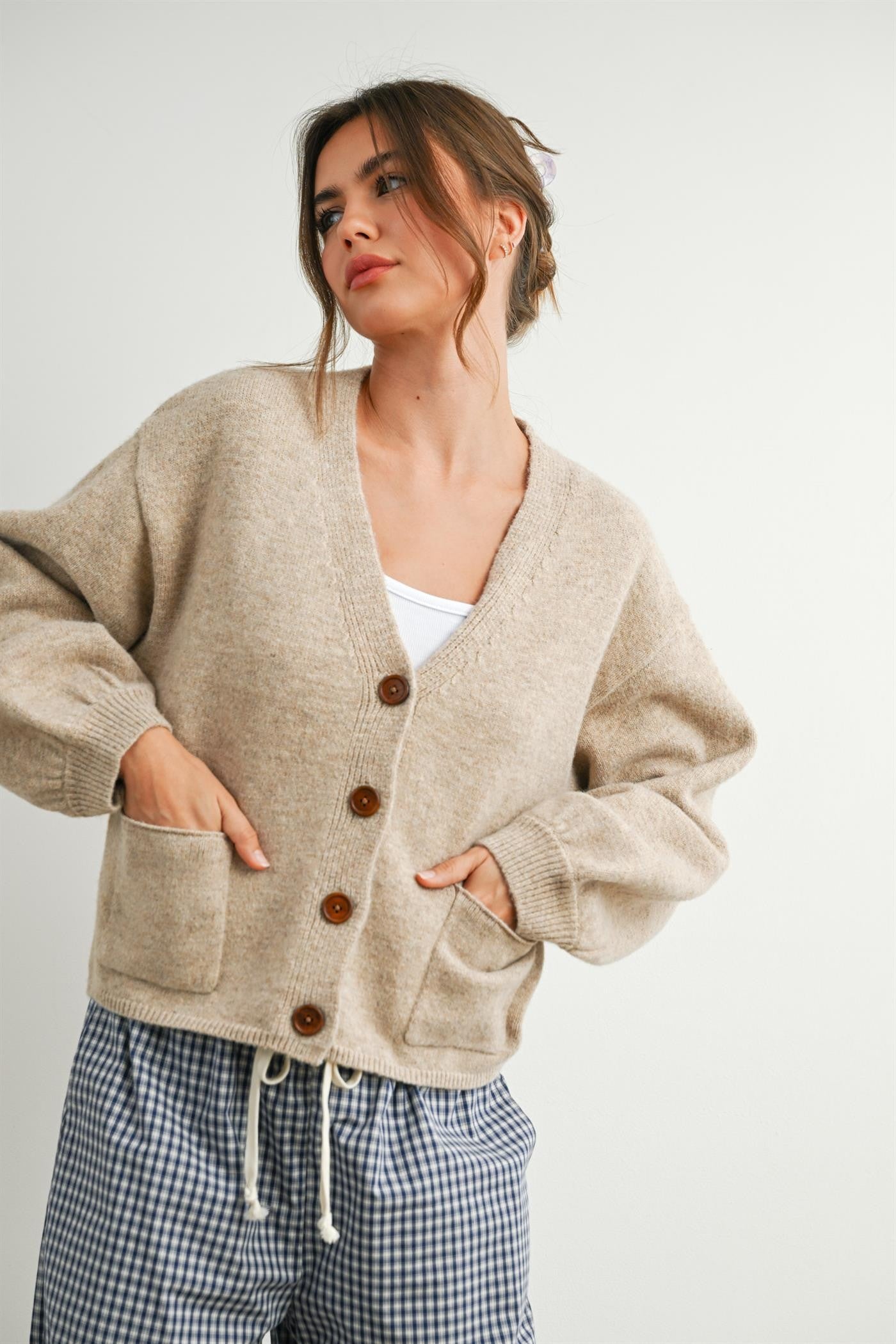 Cuff Button-Up Top: Taupe