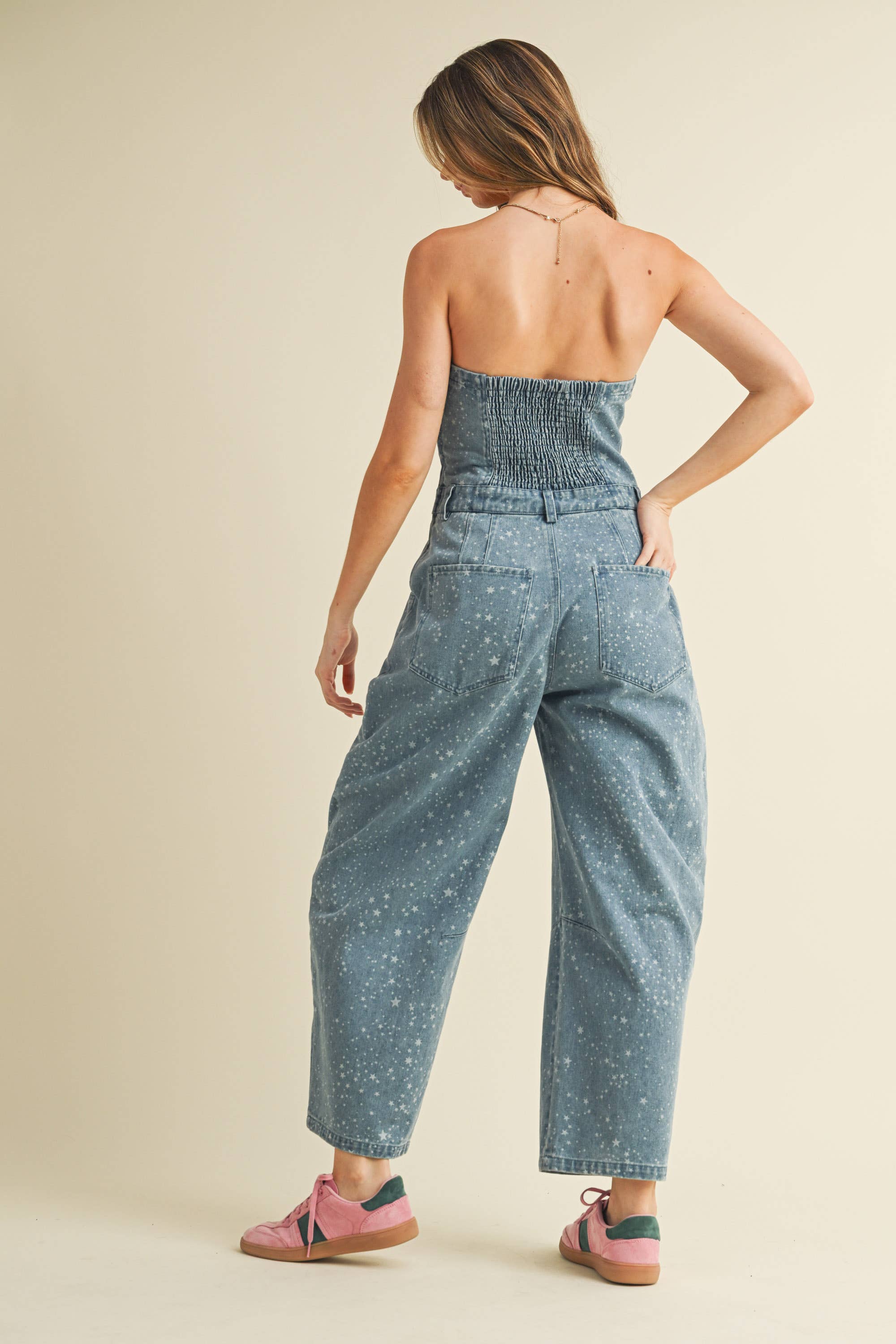 Star Print Barrel Jumpsuit: Denim