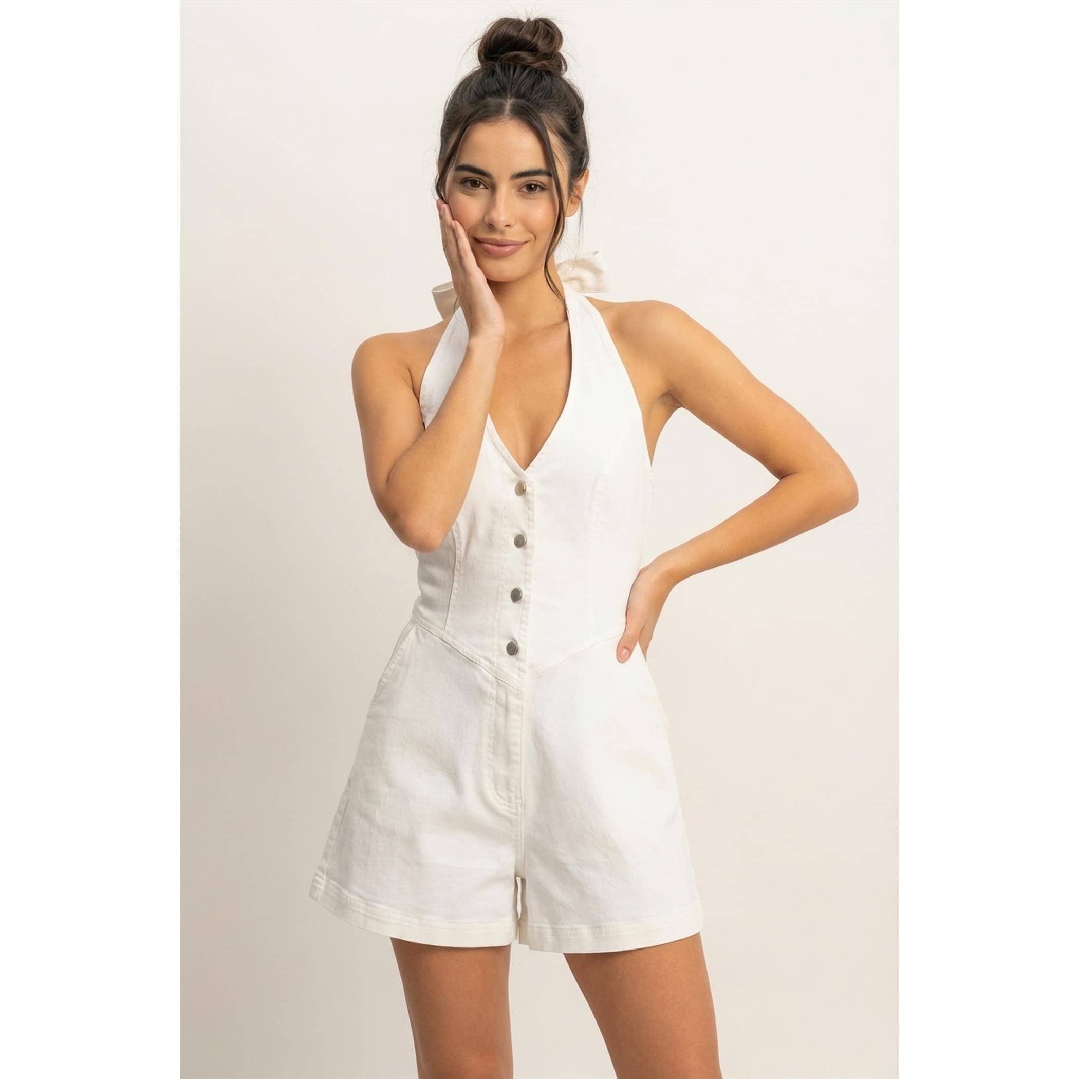 Denim Halter Romper: White