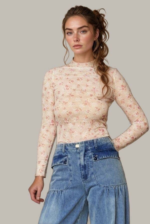 Turtle Neck Lace Sheer Top:Pink