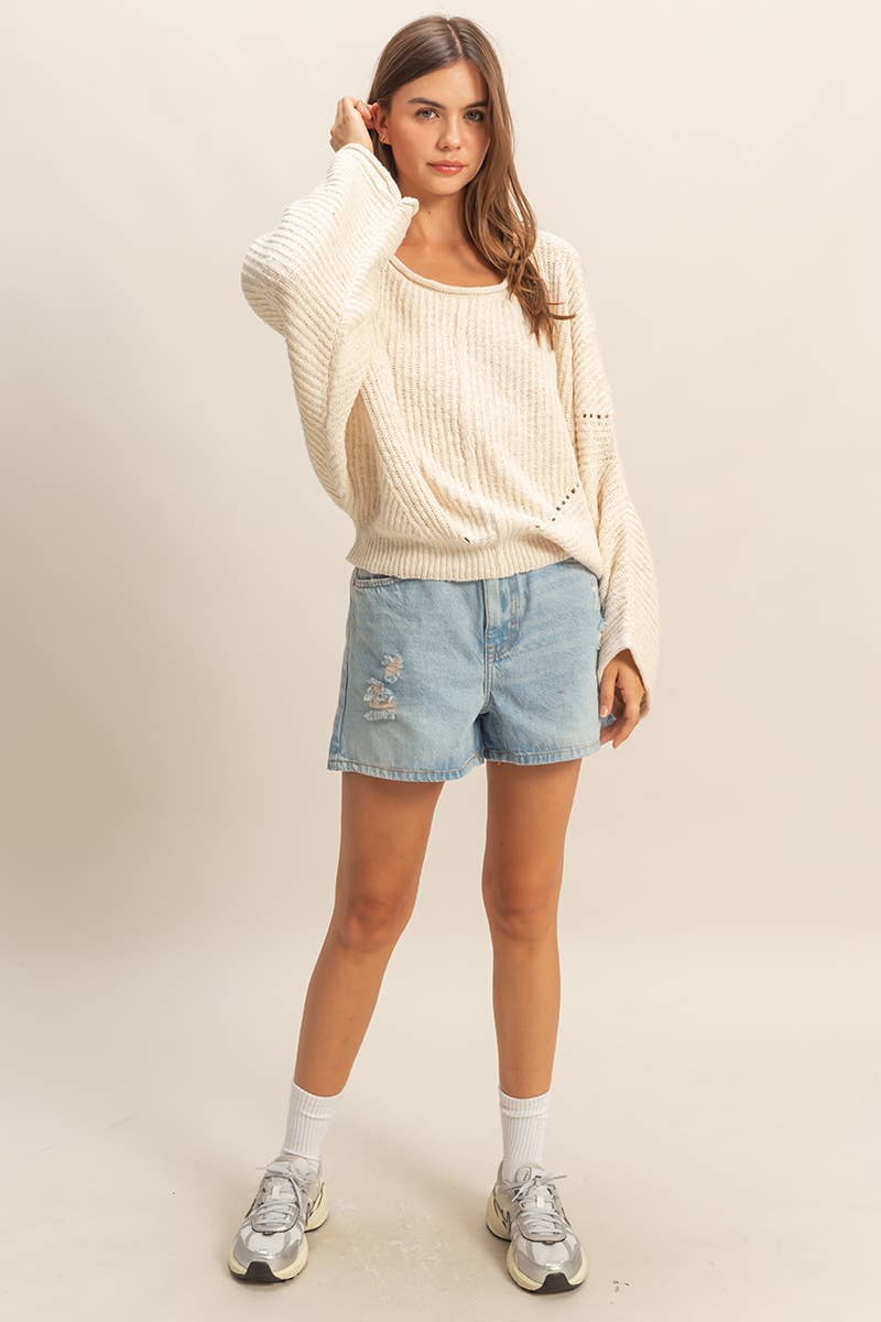 Ribbed Drop Sleeve Sweater:Cream