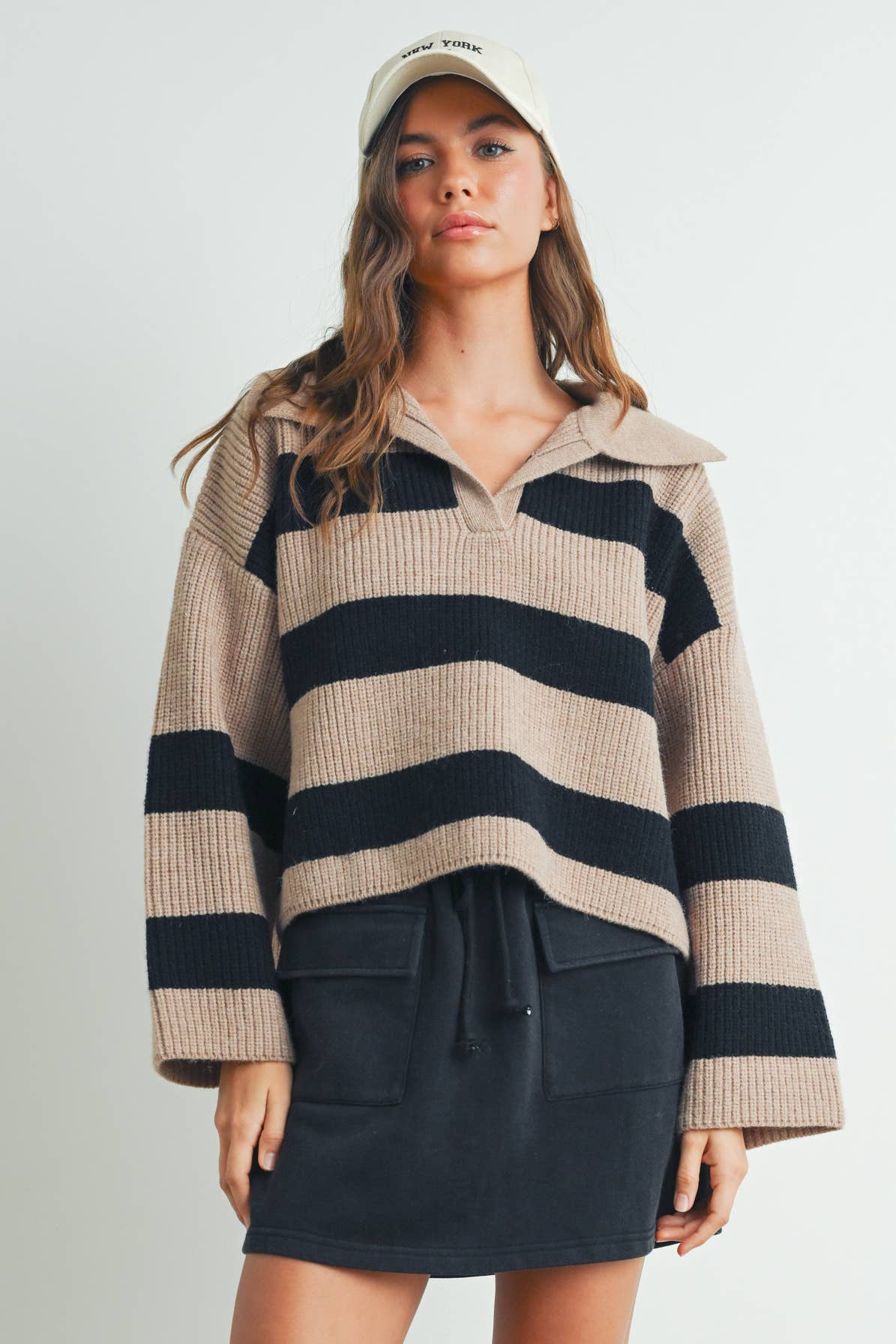 Stripe Wide Collar Sweater - Taupe/Black