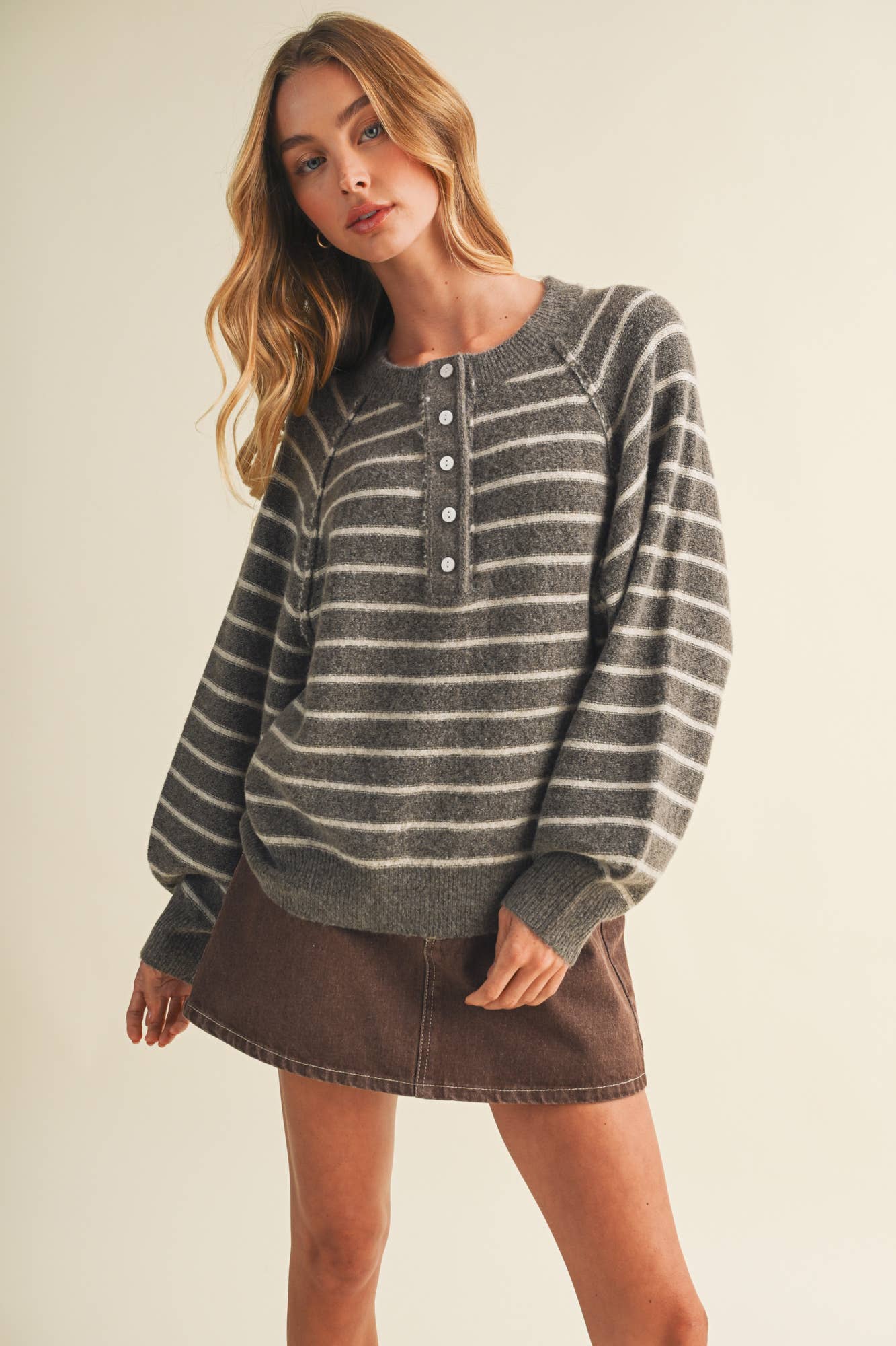 Placket Stripe Pullover: Brown
