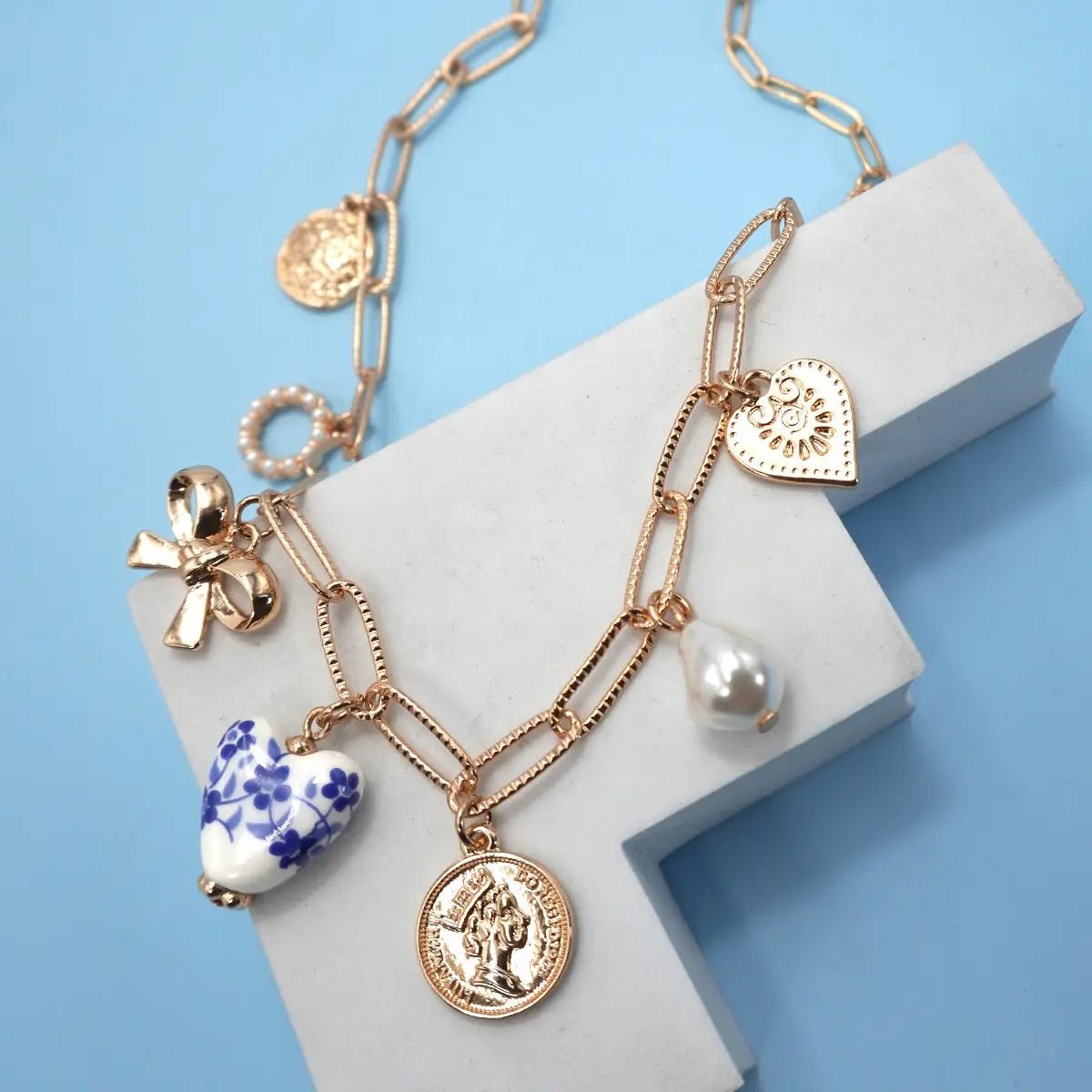Porcelain Bow/Heart Necklace