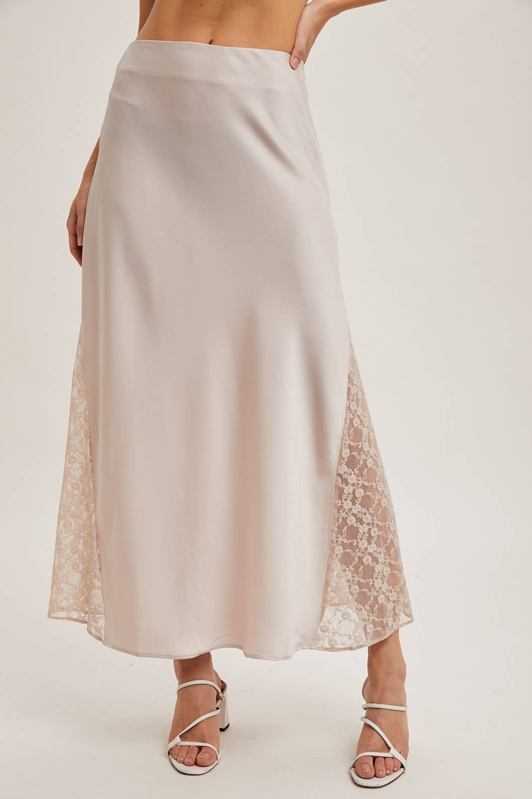Lace Satin Midi Skirt: Pearl