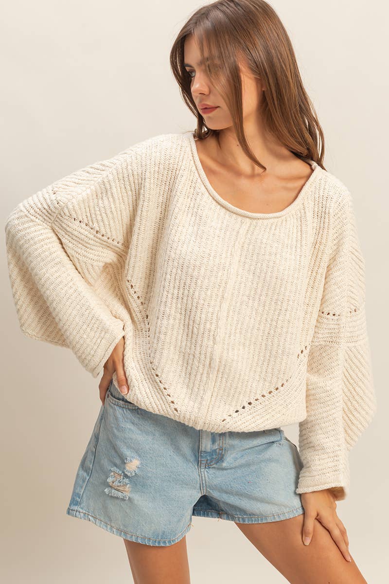 Ribbed Drop Sleeve Sweater:Cream