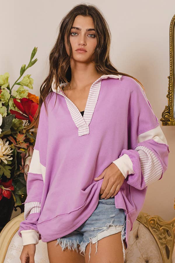 French Terry Block Top: Lav/Cream