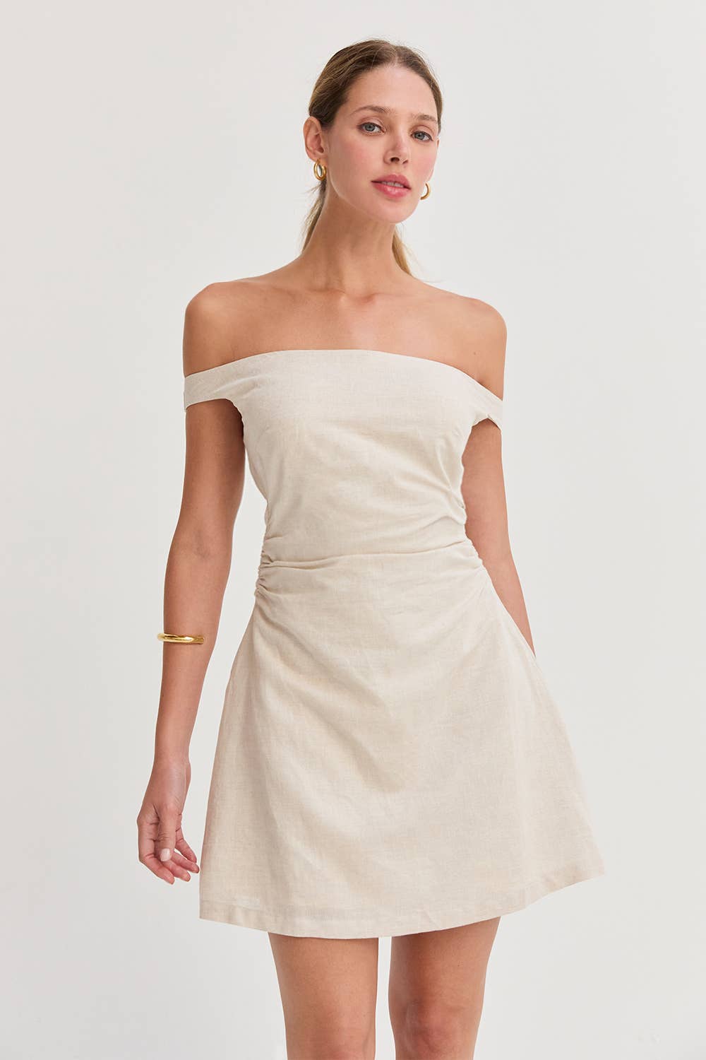 Off Shoulder Ruched Mini Dress: Oat