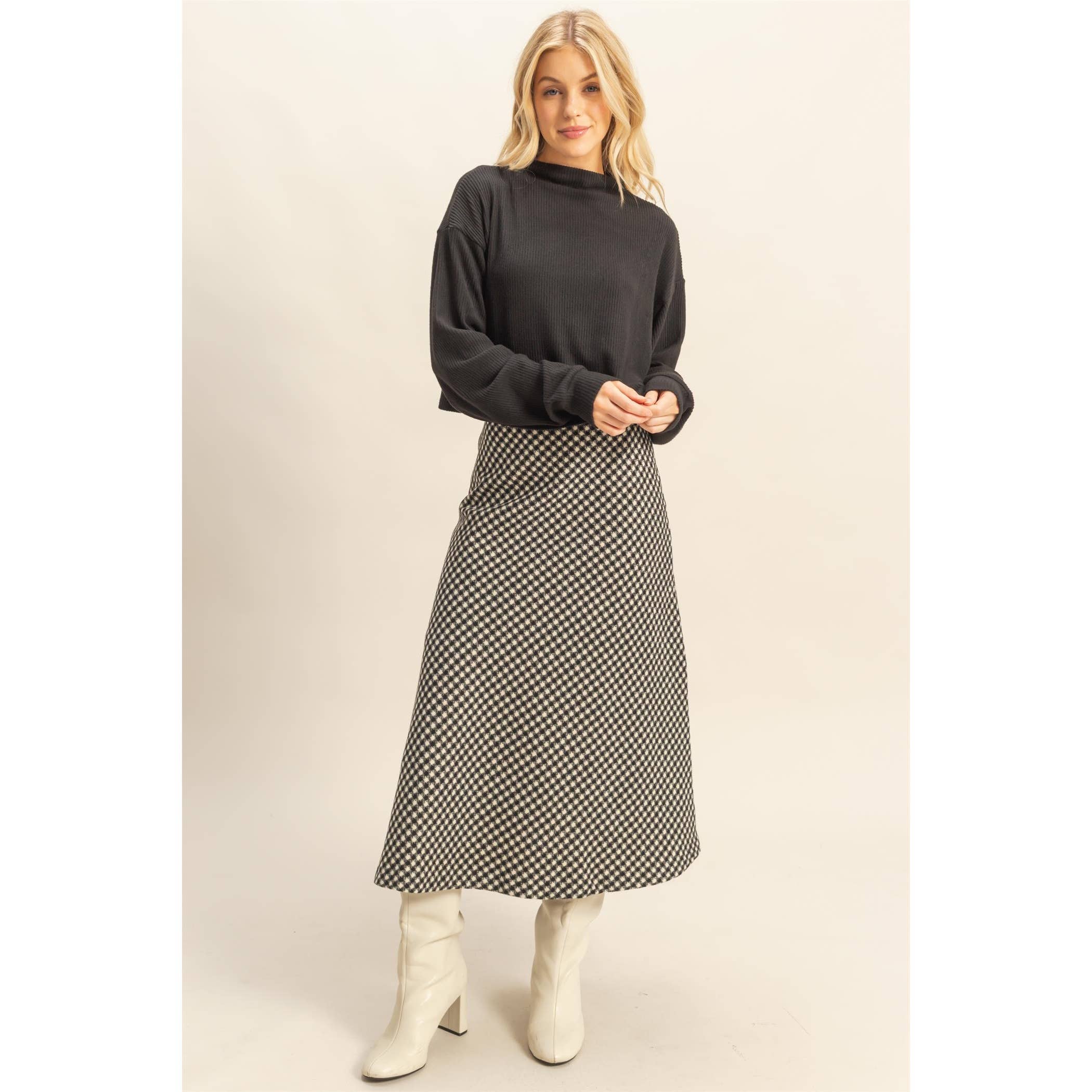 Checkered Midi Skirt: Black