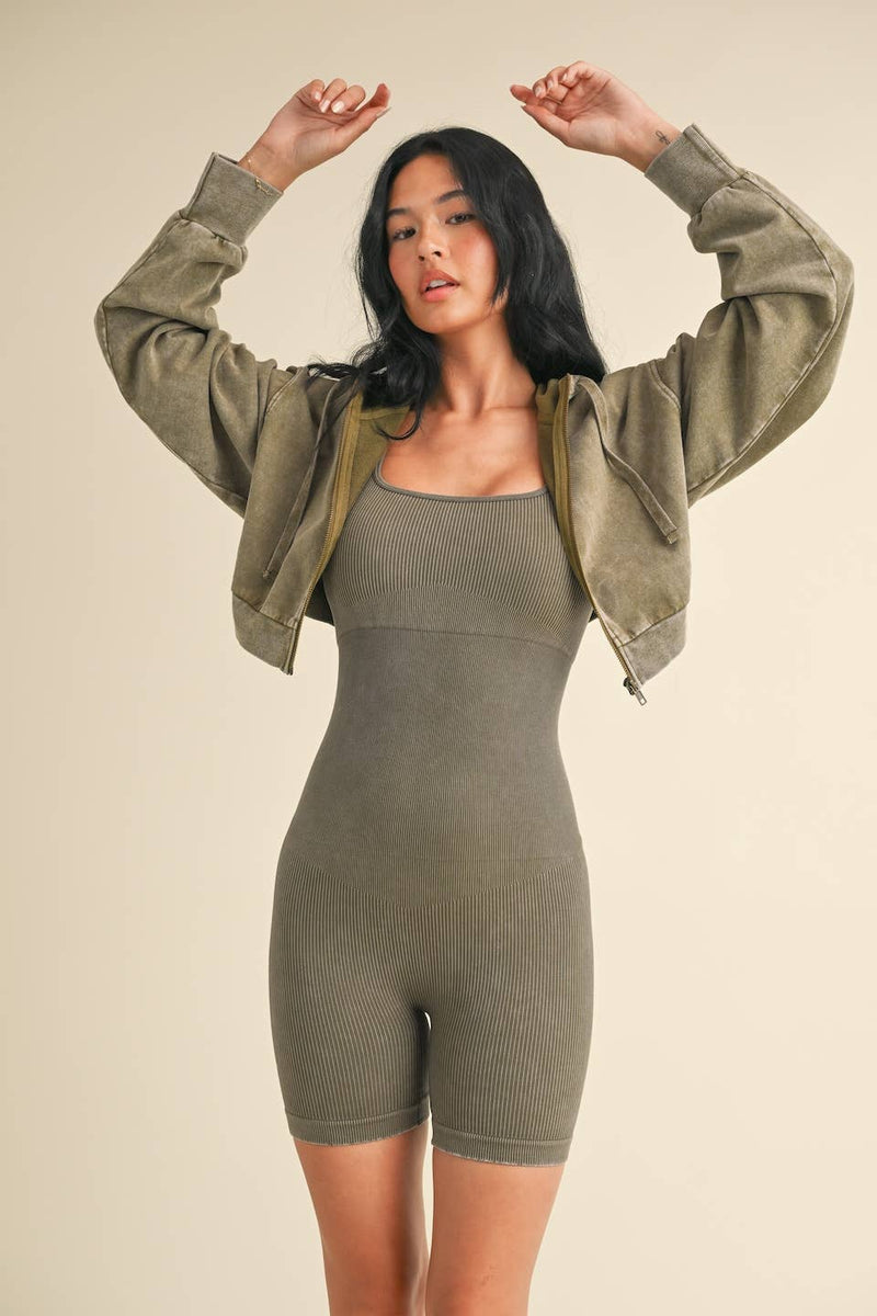 Mineral Wash Crop Hoodie Olive