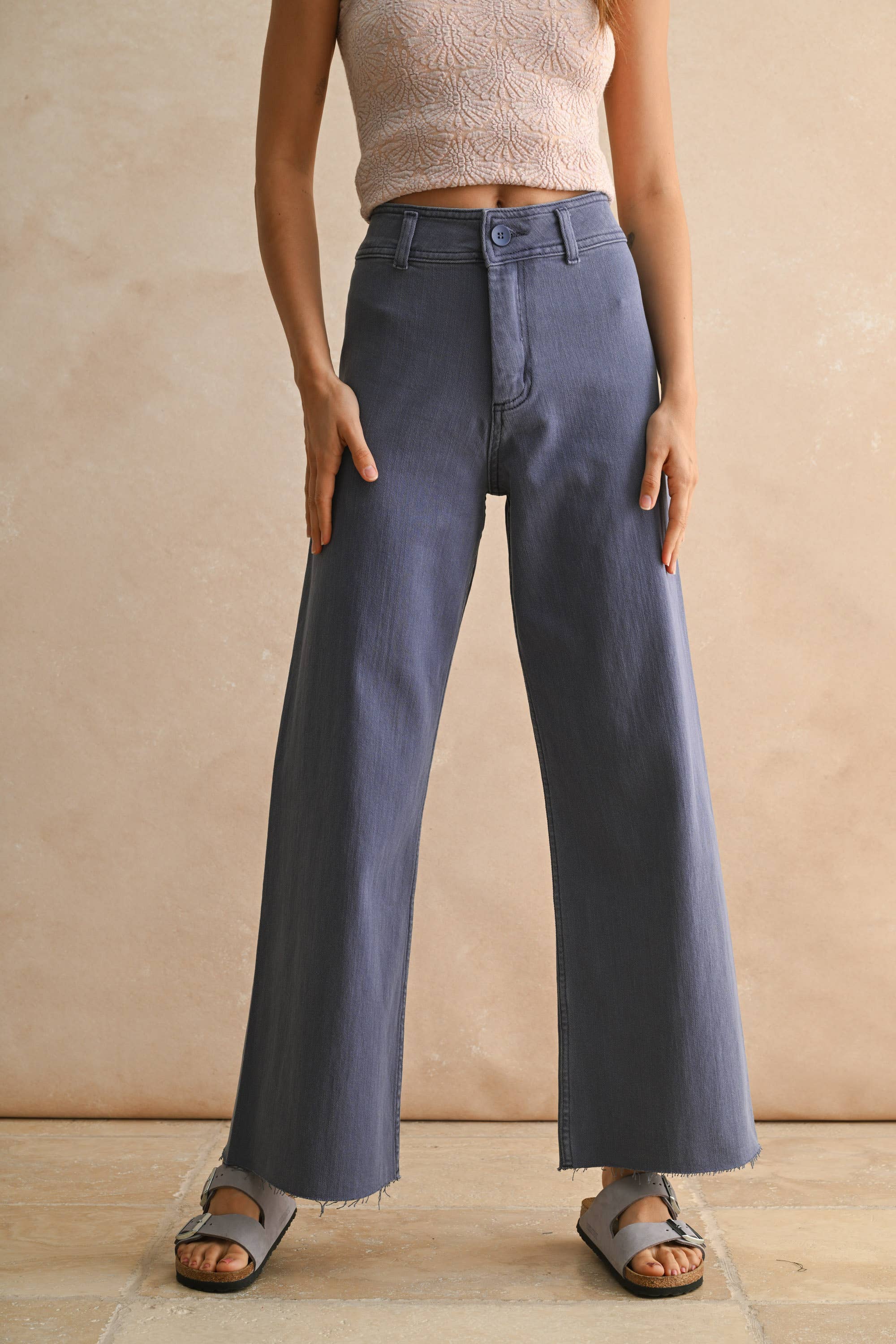 Wide Leg Denim Pants: Dusty Blue