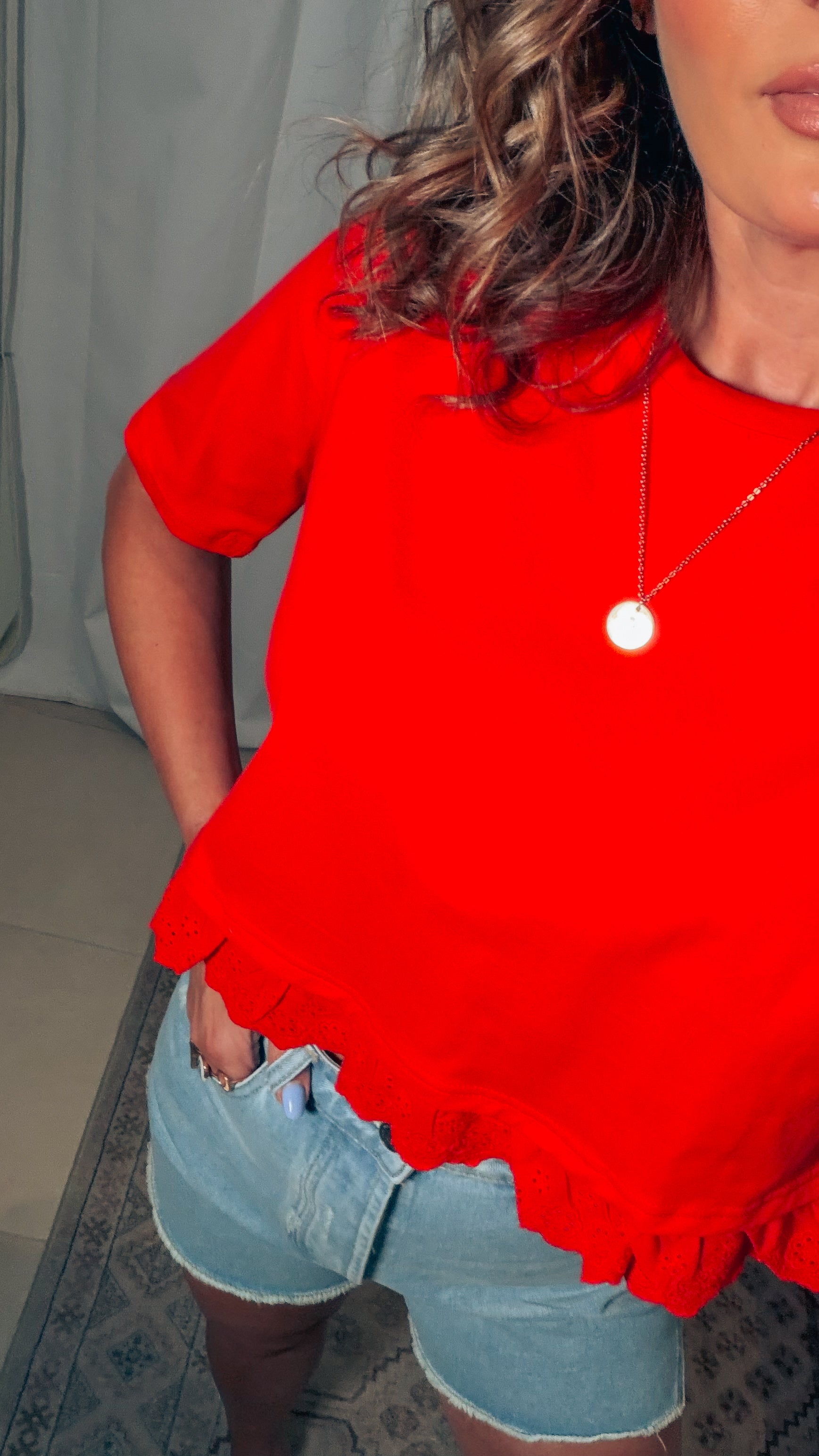 Eyelet Hem Boxy Knit Top: Red