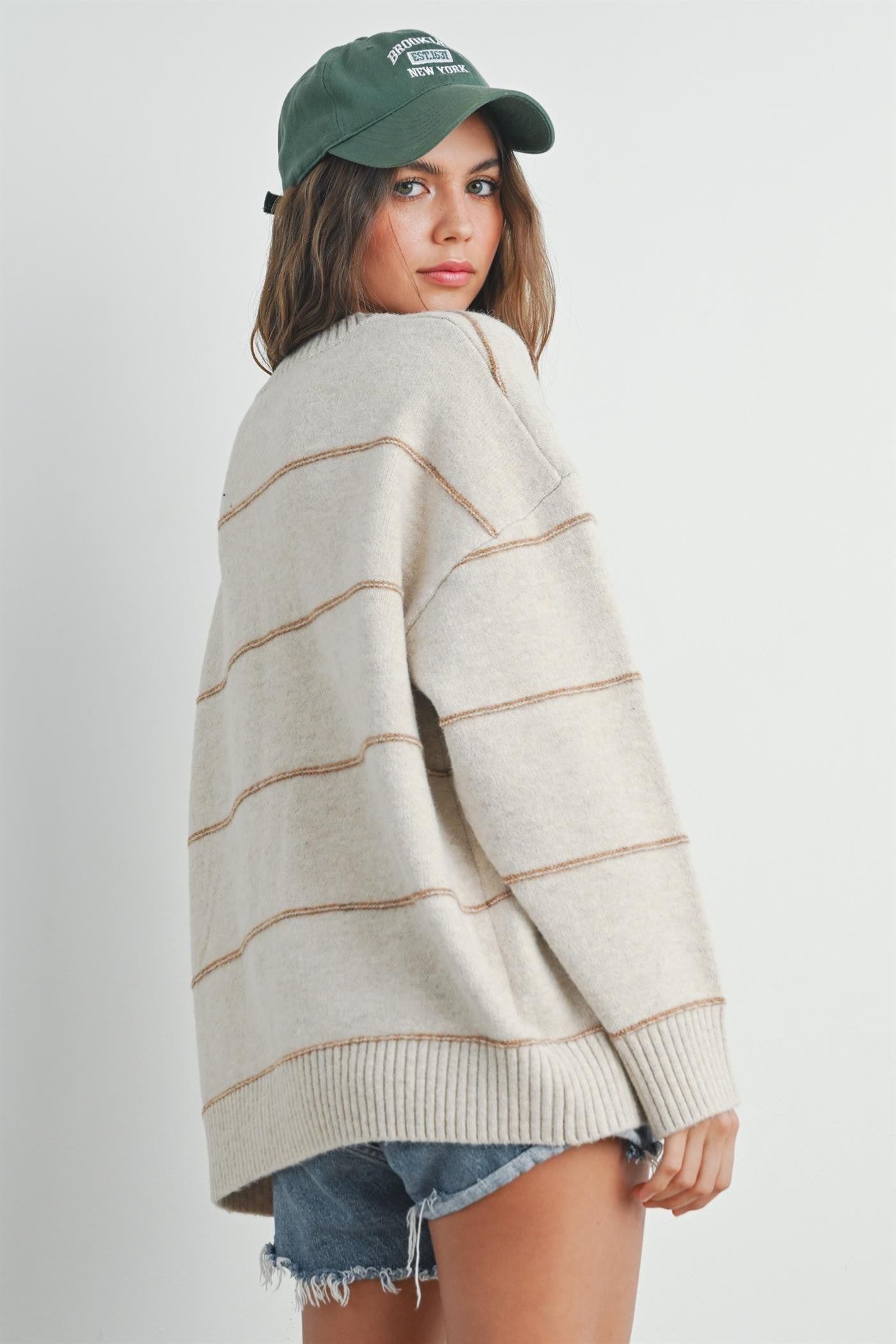 Striped Drop Shoulder Sweater: Taupe